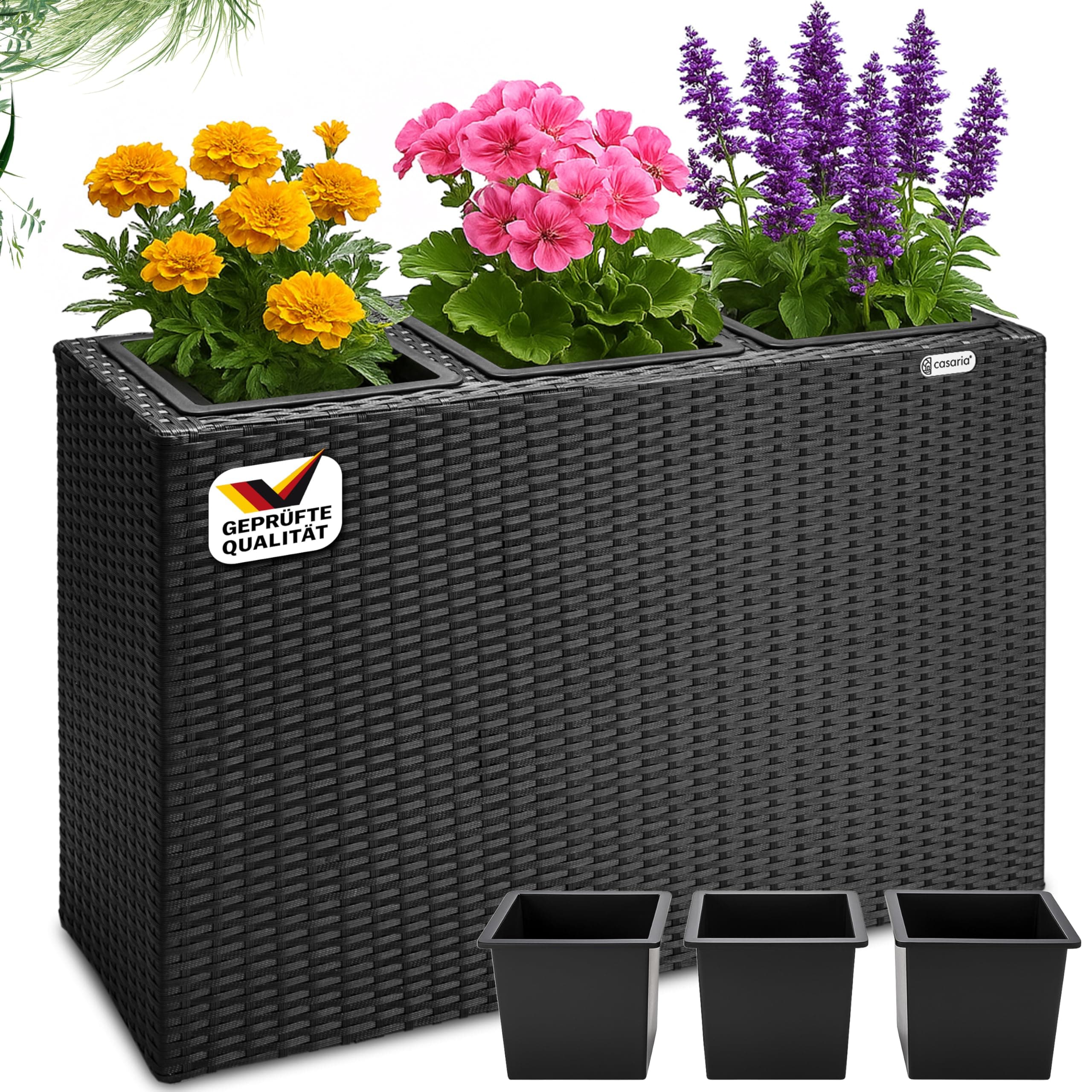 Casaria® Blumenkasten 3 Innentöpfe Polyrattan Herausnehmbar Wasserablauf Outdoor Rechteckig Pflanzkasten Blumentopf Hochbeet Pflanzkübel Schwarz