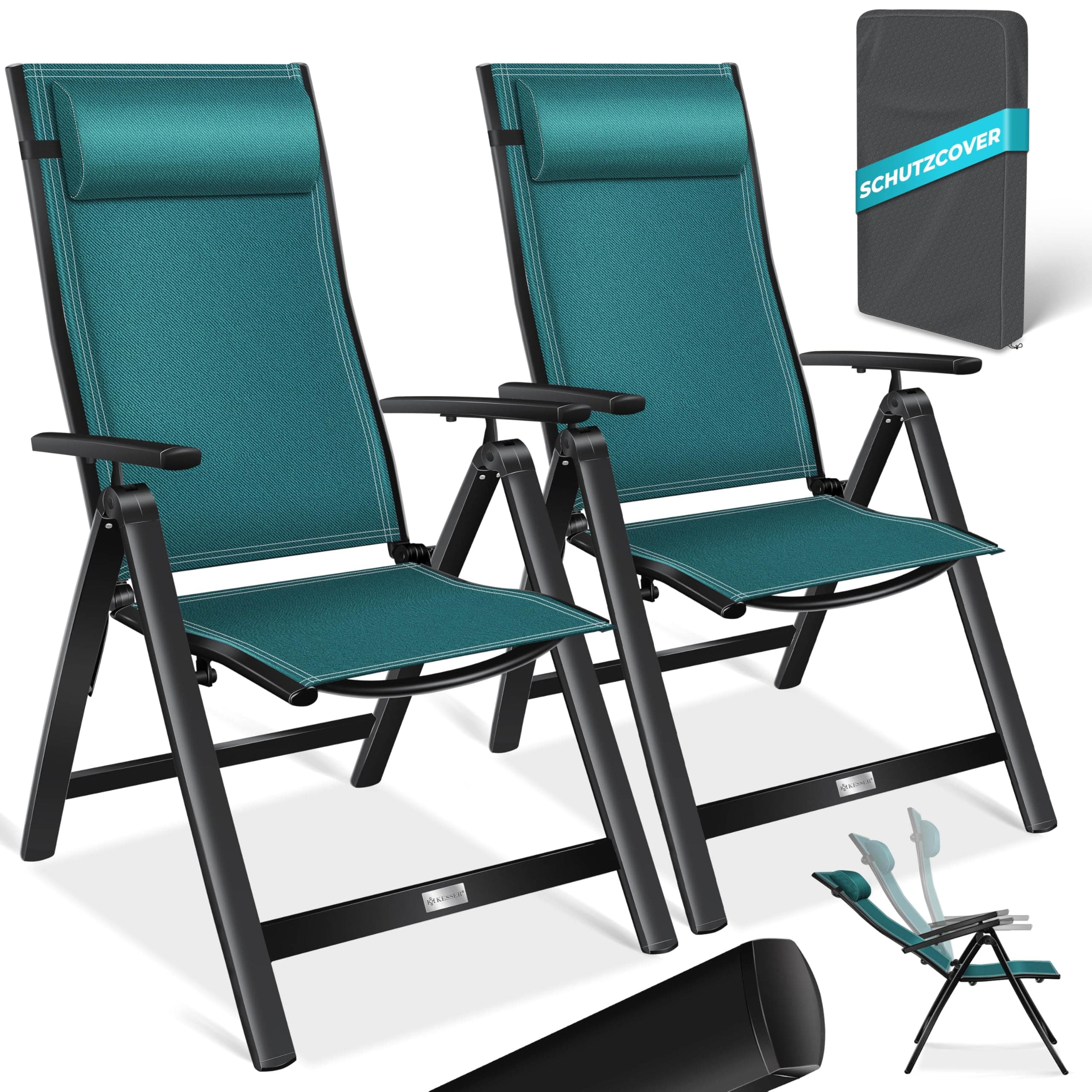 KESSER® Gartenstuhl Hochlehner mit Armlehnen 2er Set Aluminium Klappstuhl mit Kopfkissen & Abdeckung Campingstuhl 7-Fach Verstellbar Rückenlehne Atmungsaktiv Wetterfest Klappbar Anti-Rutsch, Petrol
