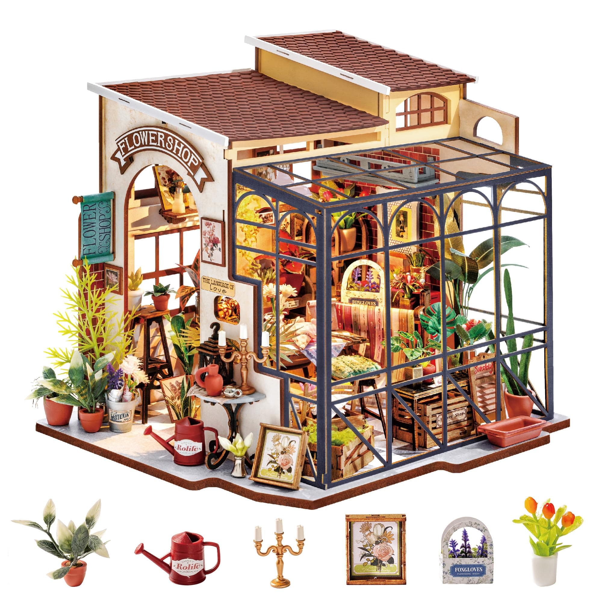 Rolife Casa de Muñecas en Miniatura La Floristería de Emily Casa de Muñecas de Madera para Adultos Book Nook Librería Decoración del Hogar Regalo Cumpleaños