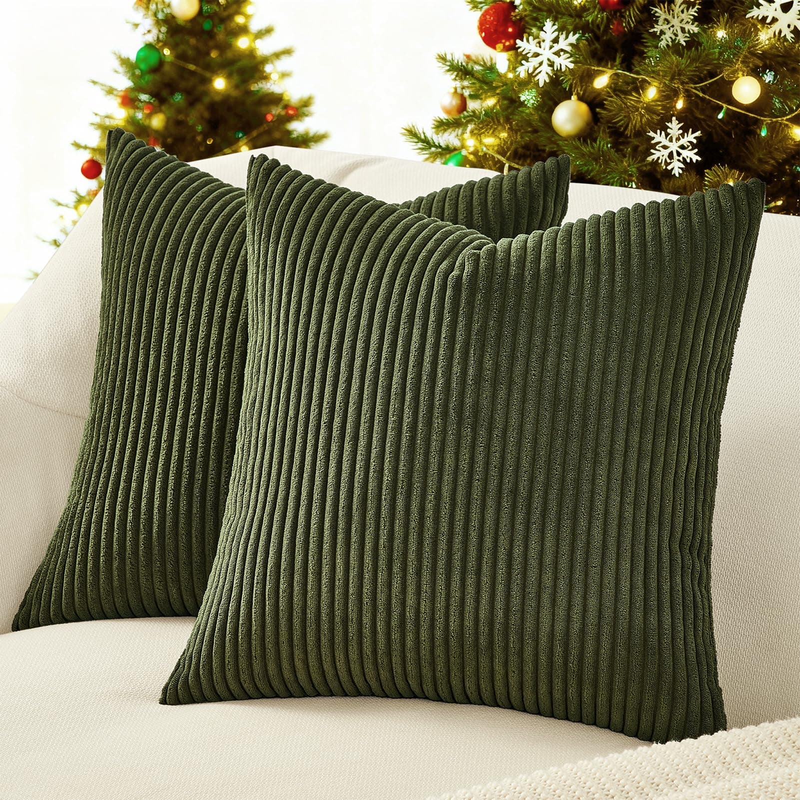 Topfinel Federe Cuscini 45x45 Verde Oliva in Velluto a Coste Copricuscini con Cerniera Invisibile Motivo A righe per Soggiorno Camera Balcone Esterno 2 Pezzi