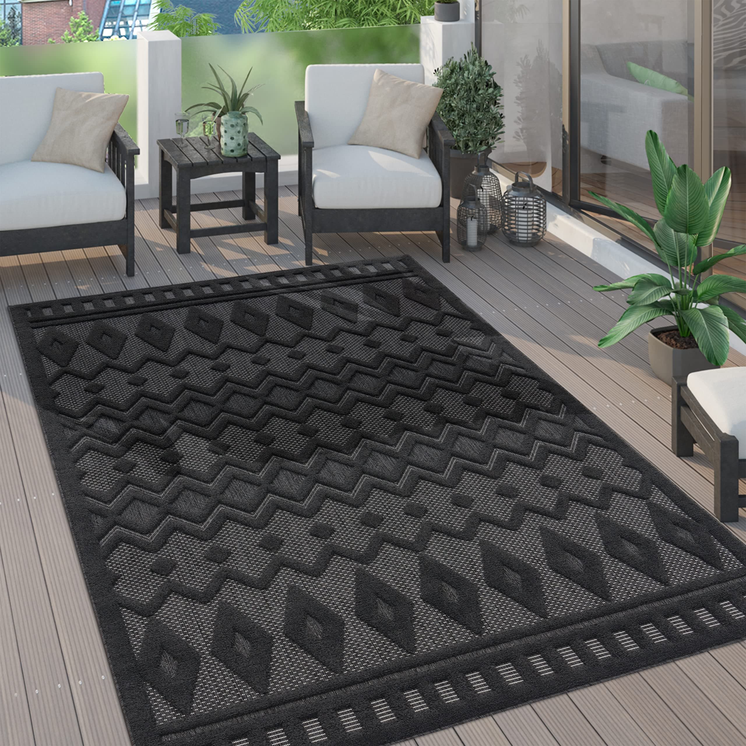 Paco Home Outdoor Teppich wetterfest & langlebig Moderne Boho-Designs mit 3D-Effekt Skandi-Look UV-beständig & robust für Balkon, Garten, Wohnzimmer & Küche, Grösse:140x200 cm, Farbe:Anthrazit 3