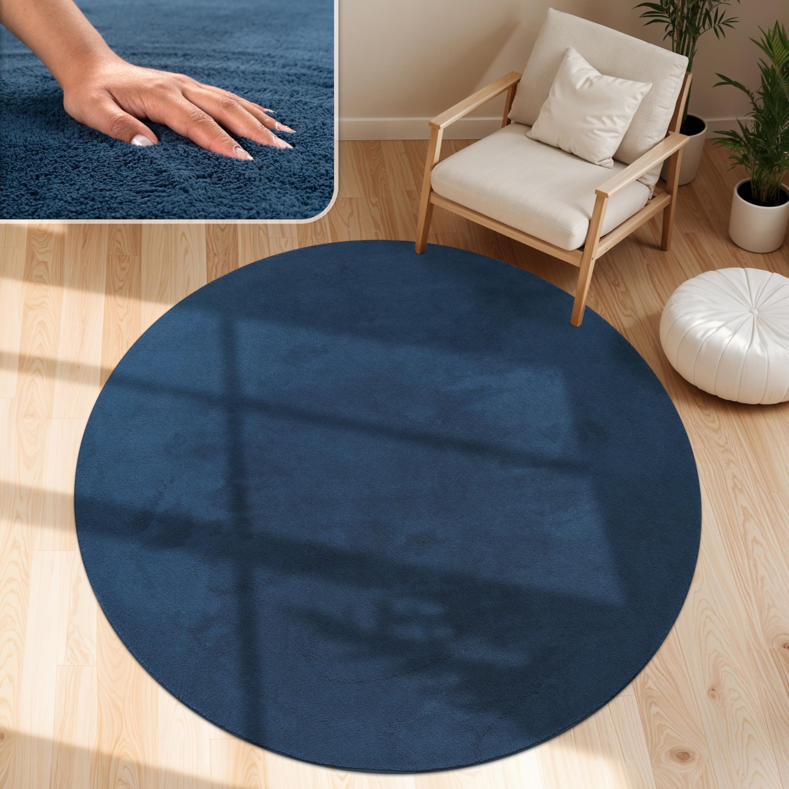 Paco Home Moderner Kuscheliger Wohnzimmer Teppich Kurzflor waschbar flauschig Weich Einfarbig Felloptik zeitlos stilvoll rutschfest pflegeleicht, Grösse:80 cm Rund, Farbe:Navy-Blau