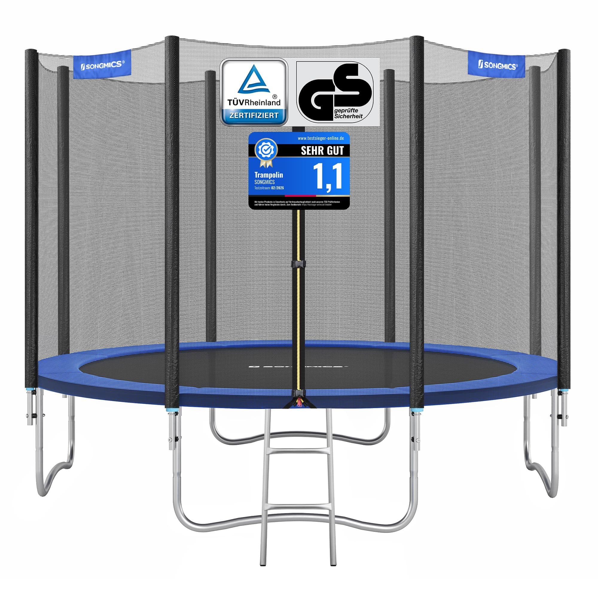 SONGMICS Trampolin Outdoor Ø 183/244/305/366/427 cm, rundes Gartentrampolin Kindertrampolin mit Randabdeckung, mit Sicherheitsnetz, mit Leiter und gepolsterten Stangen