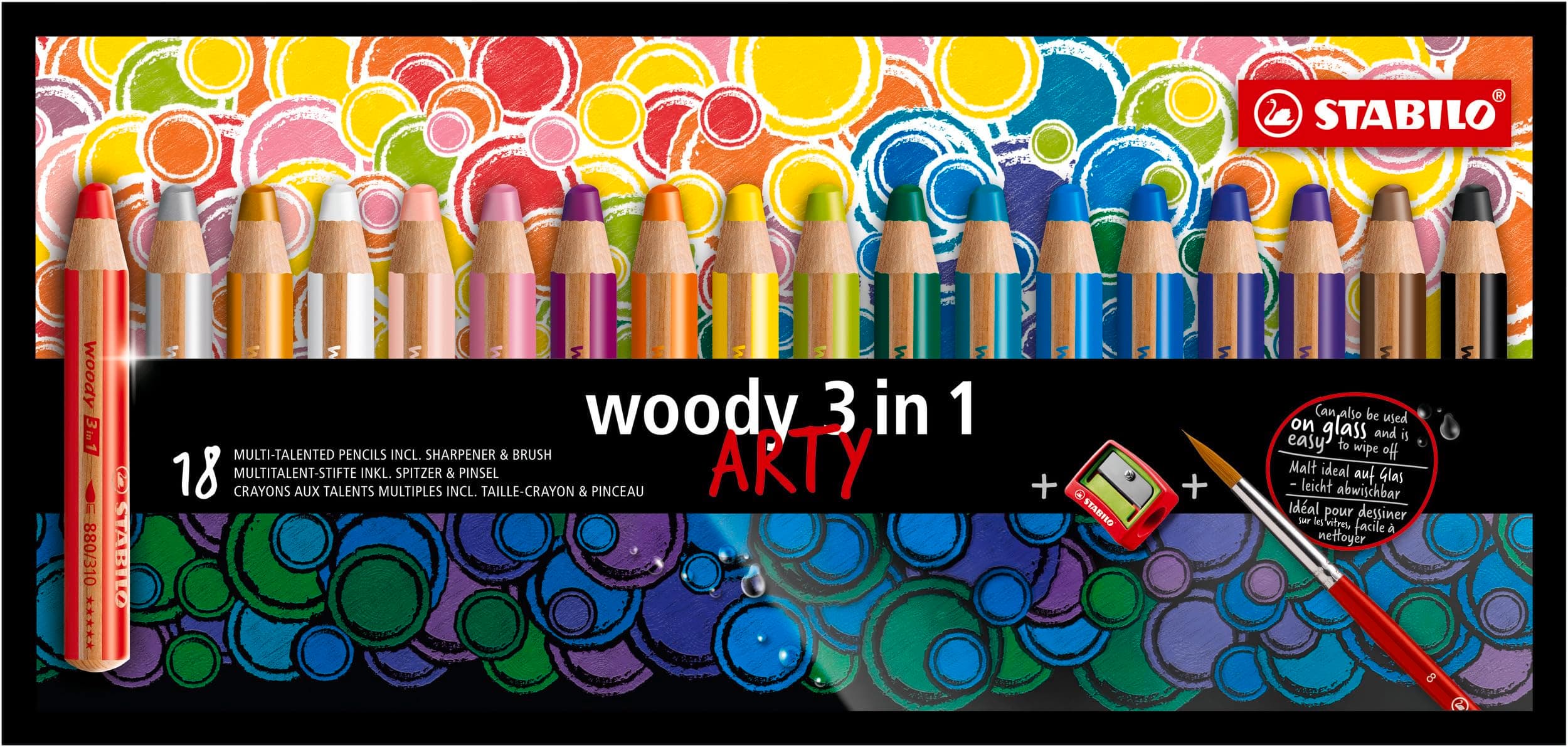 STABILO - Buntstift, Wasserfarbe & Wachsmalkreide - woody 3 in 1 - ARTY - 18er Pack mit Spitzer und Pinsel