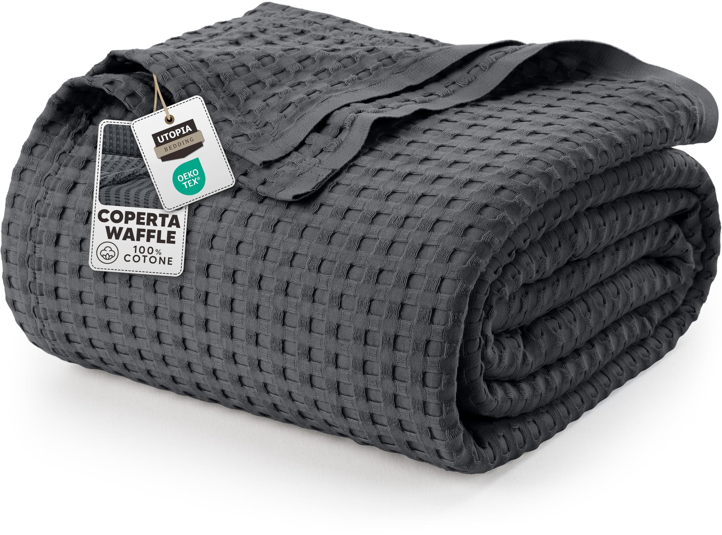 Utopia Bedding Coperta in cotone Waffle 300 GSM (carbone - 228x182 cm) Coperta da letto morbida e leggera, traspirante e di grandi dimensioni, per coprire qualsiasi letto in tutte le stagioni.