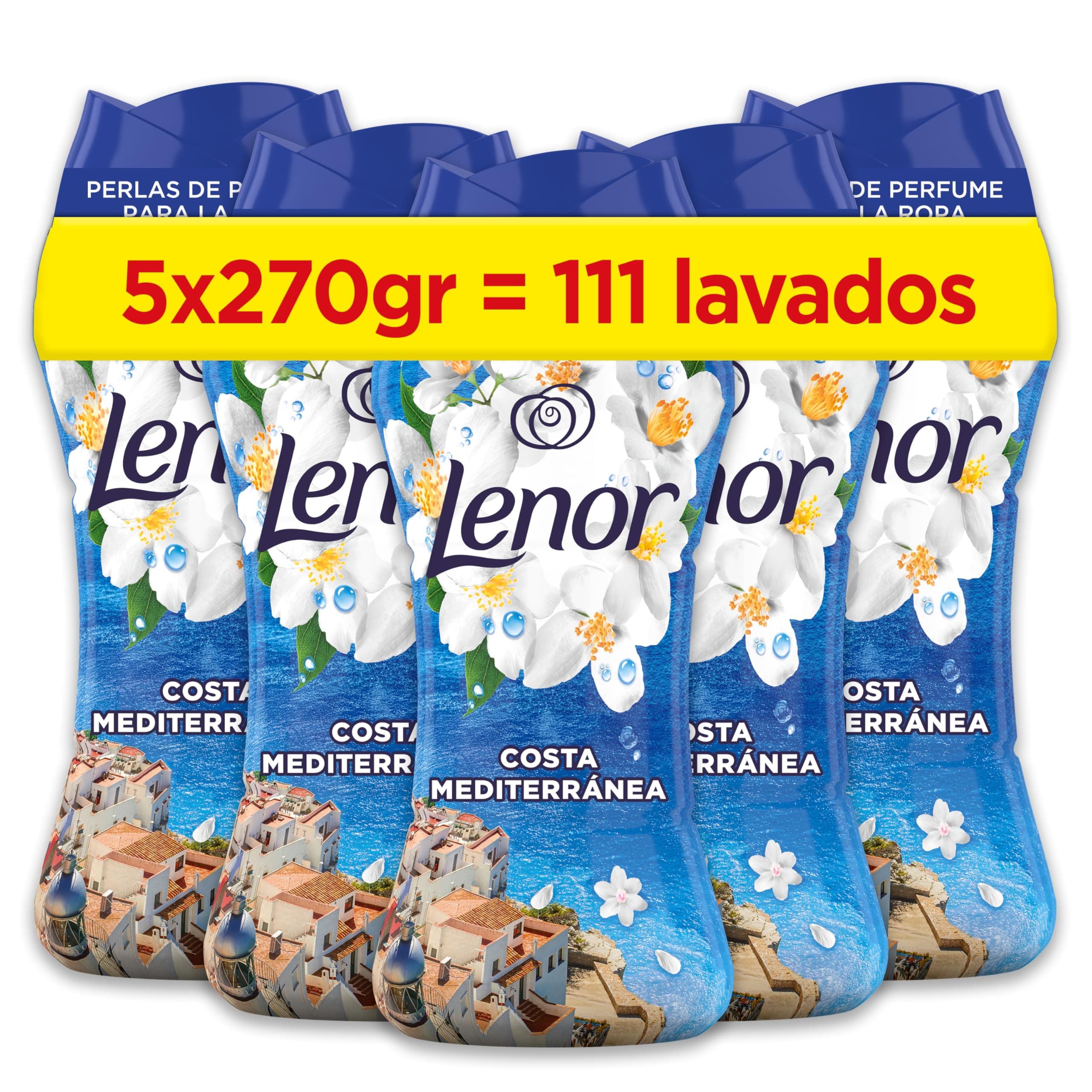 Lenor Perlas De Perfume para la Ropa, 111 Lavados (5 x 270g), Brisa Marina Y Jazmín, Edición Limitada Costa Mediterránea, Frescor Ininterrumpido Hasta 12 Semanas