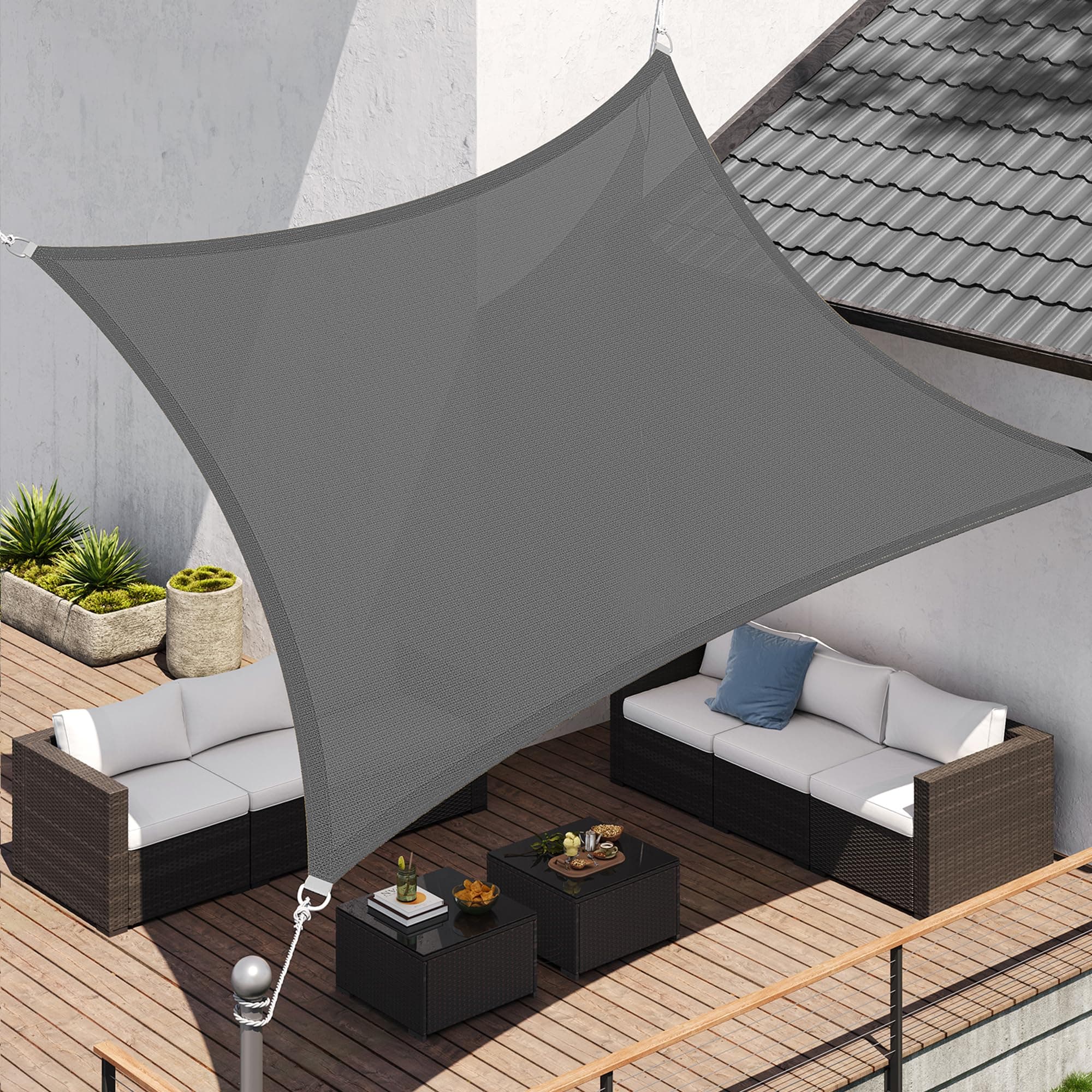 SONGMICS Sonnensegel 2 x 3 m, Sonnenschutz aus HDPE-Gewebe, luftdurchlässig, wasserdurchlässig, für Terrasse, Garten, Balkon, Camping, rechteckig, konkav, 2 m Seile, rauchgrau GSS23GY