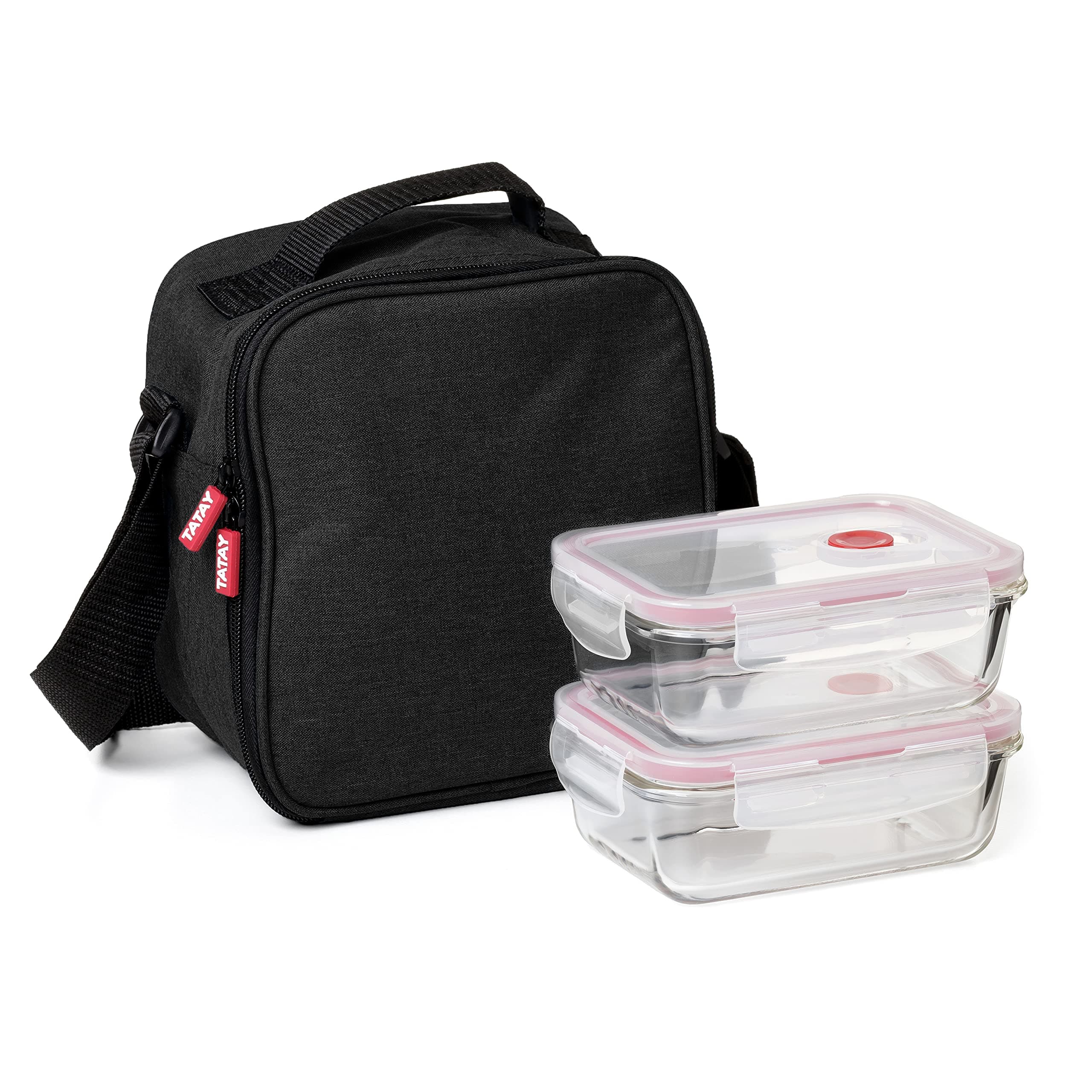 Tatay Bolsa Termica Porta Alimentos Impermeable - Urban Food Casual Glass 3,5L | 2 Tapers de Cristal 0,57L | Triple Capa Aislante | Cuerpo Semirrígido | Bolsillo Interior | 22x12x21,5cm, Negro