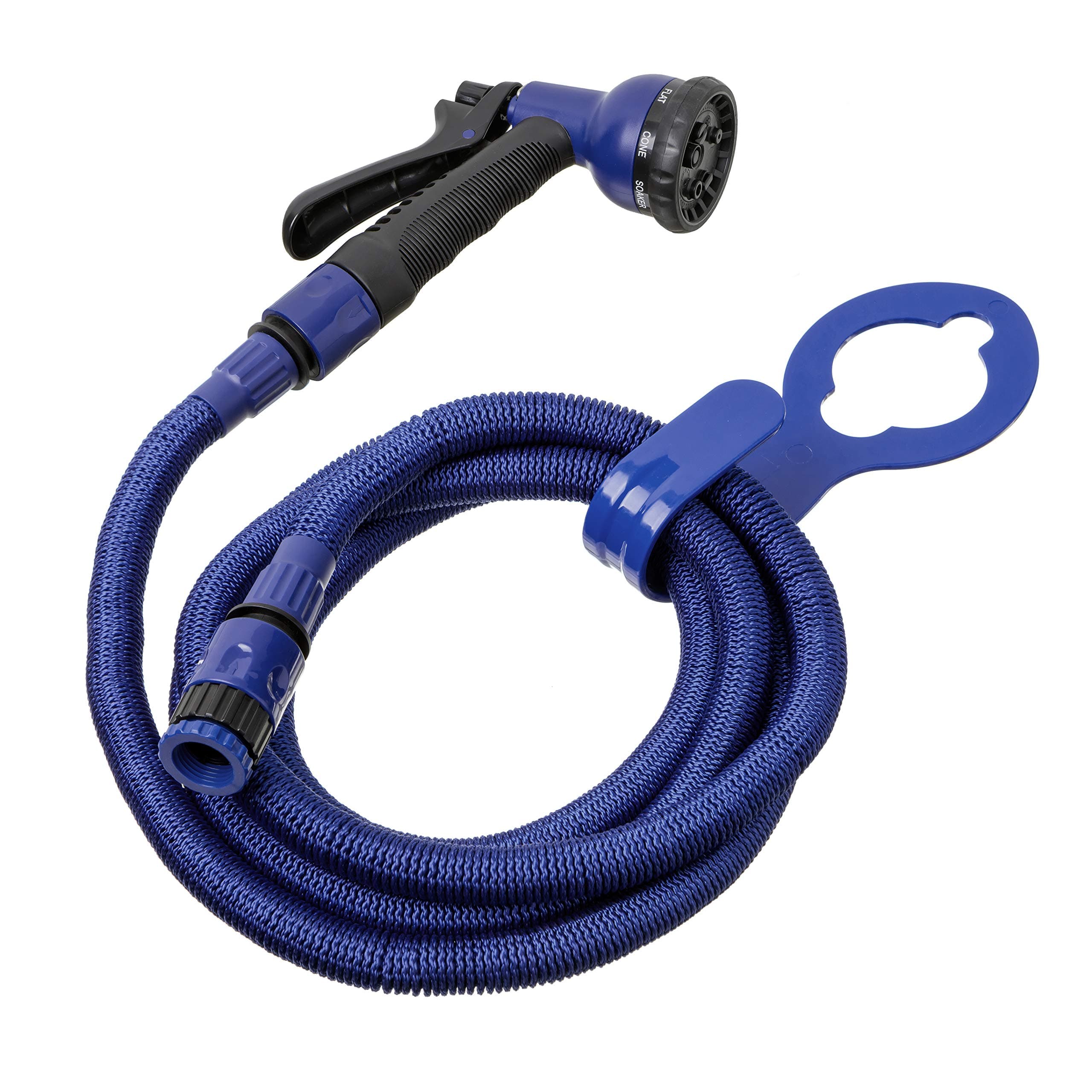 Tatay Kit Manguera Extensible Superflex de 7.5 m, Ligera, Pistola de Riego de 8 Posiciones, Conector Universal, Racor Grifo Hembra 3/4"-1/2" y Colgador de grifo, Azul