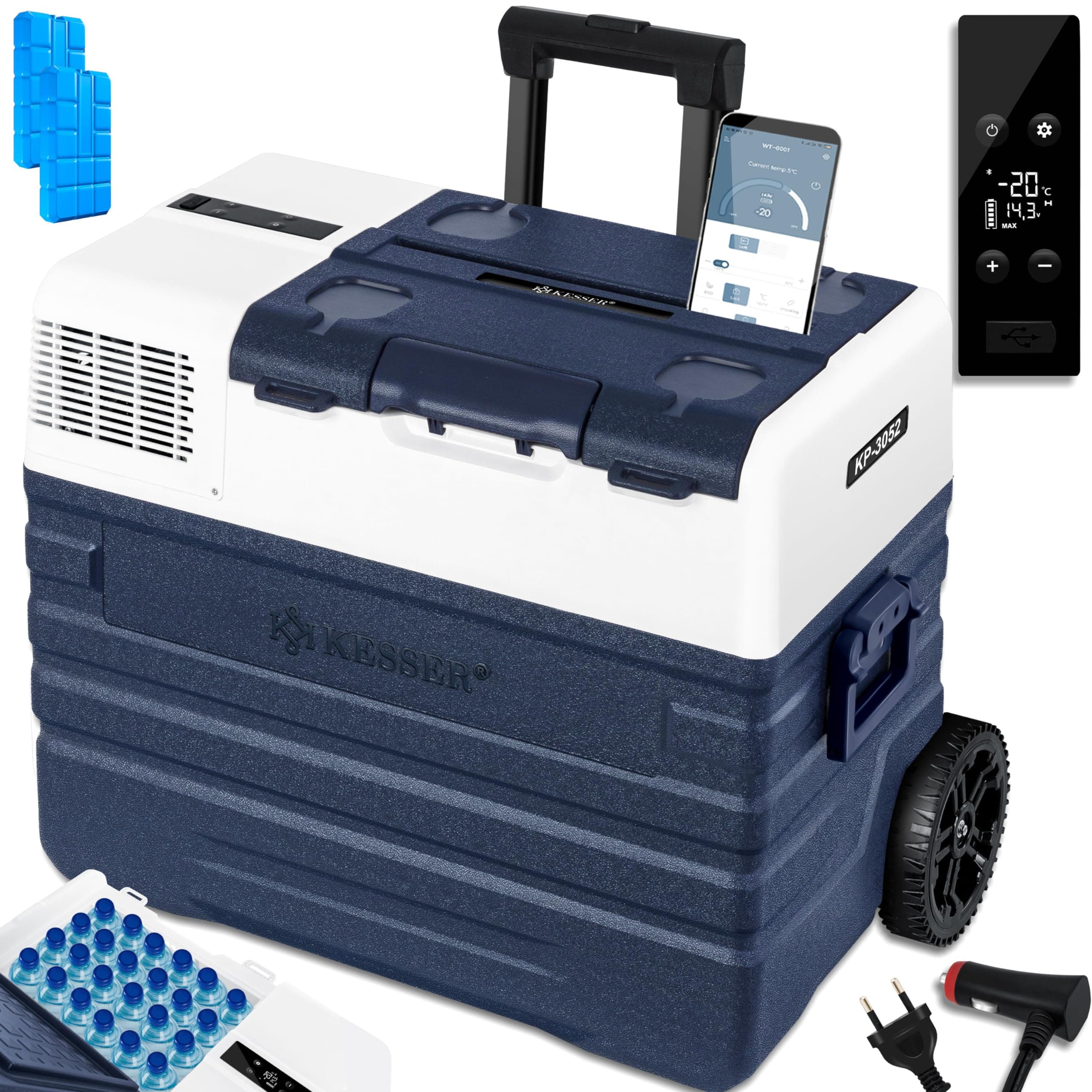 KESSER® Glacière électrique avec compresseur - 52 litres - avec Commande par Application - Port USB 12/24 V 230 V - Barre télescopique - Roues pour réfrigérateur jusqu'à -20 °C