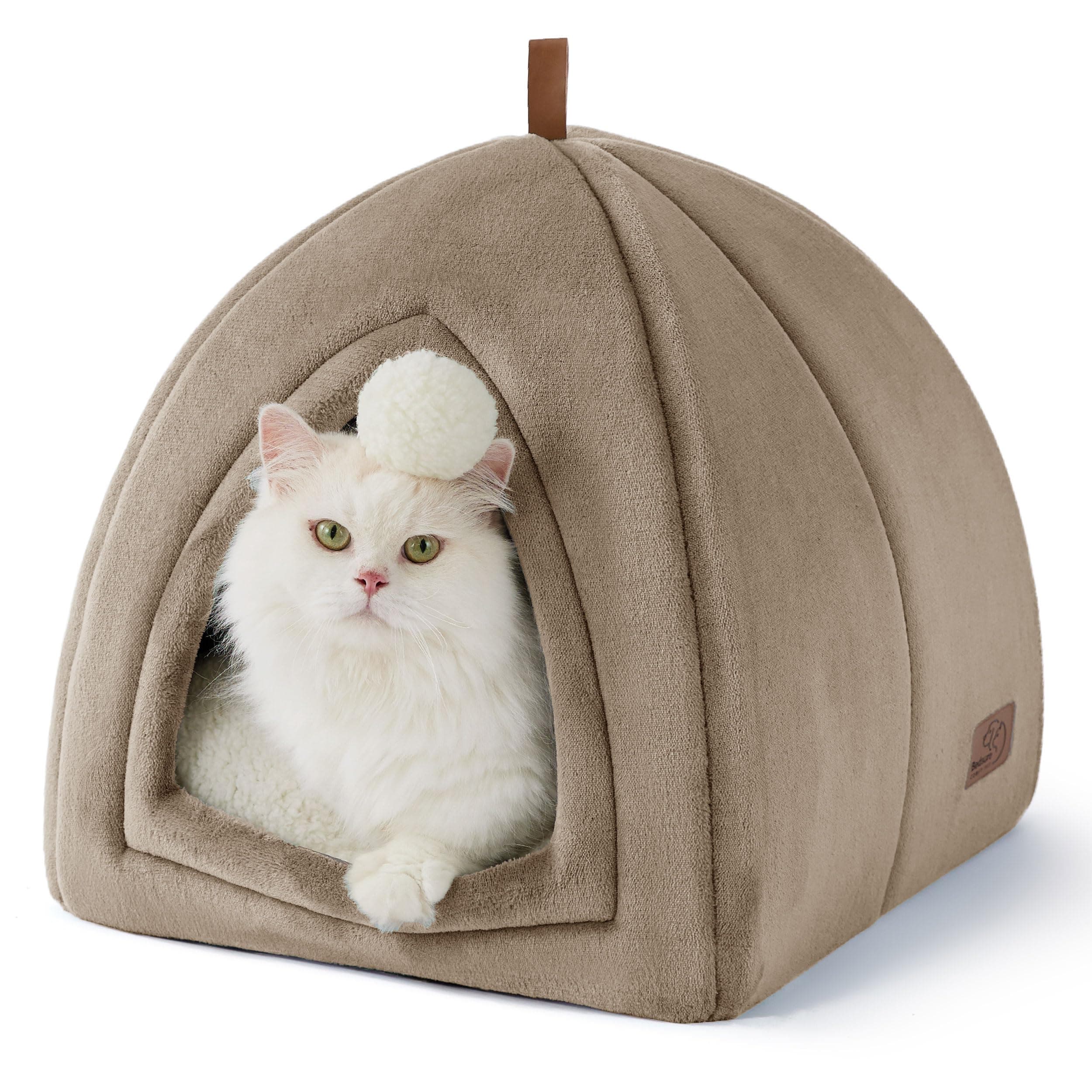 Bedsure Katzenhöhle große Katzen Kamel - Faltbare Katzenbett mit waschbaren Kissen, Katzenzelt für Kätzchen kleine, mittelgroße Haustier, weiches und warmes Katzenhaus für drinnen, 40x40x40cm