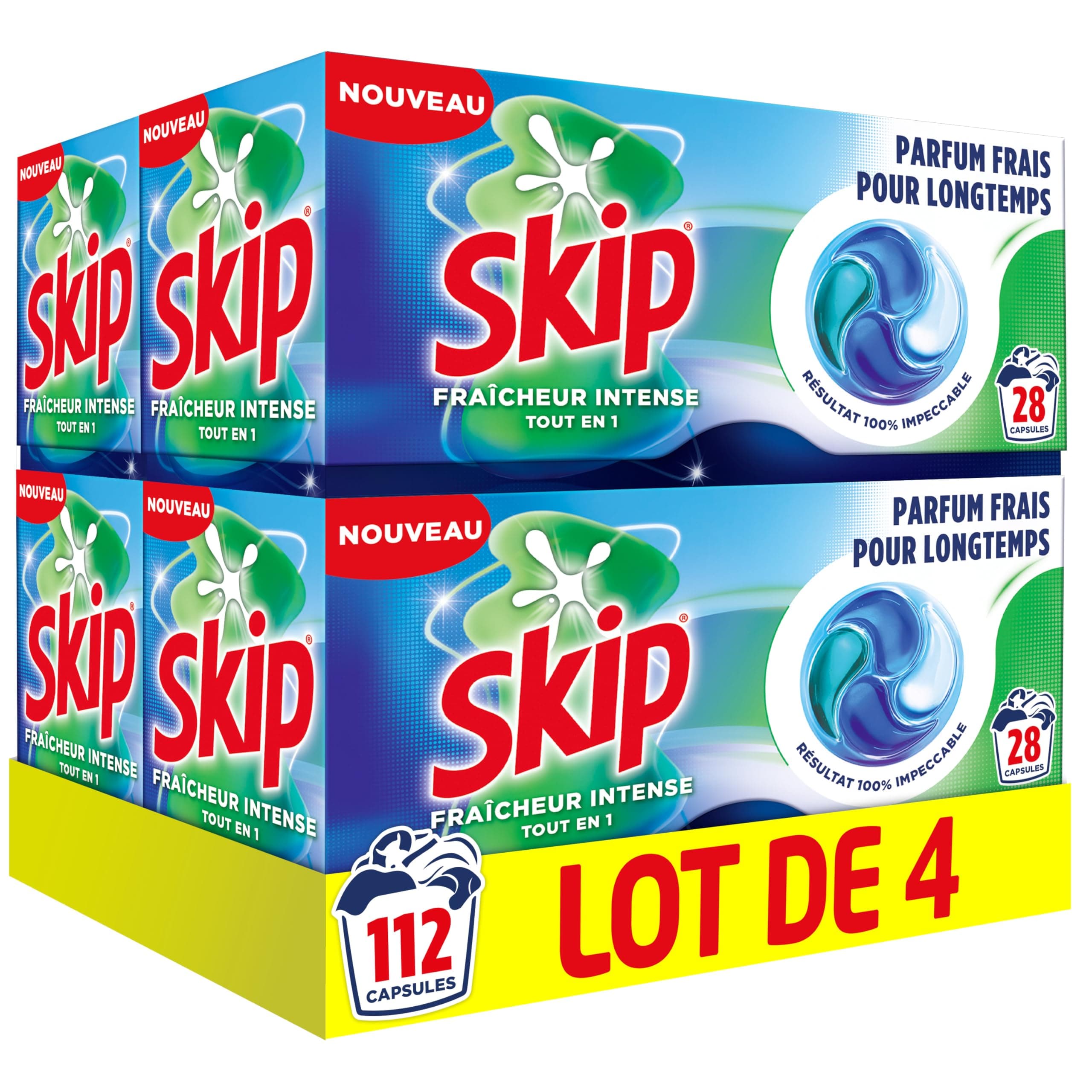 Skip Lessive Caps Tout en 1 Fraîcheur Intense - Élimine les Taches Tenaces Dès le 1er Lavage Même En Cycle Court et à Froid - Capsules Lessive Efficaces - 112 Lavages (4x28)