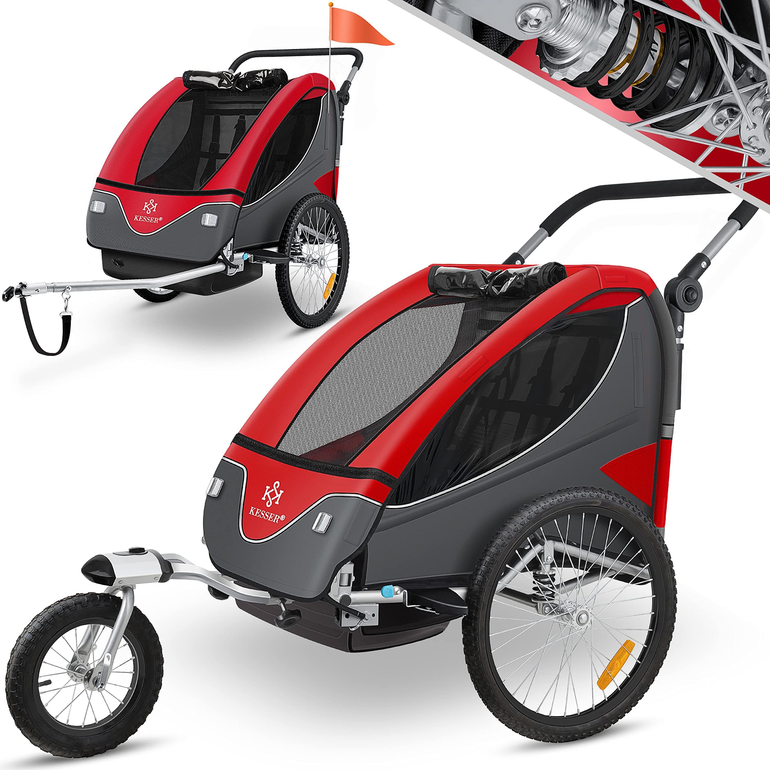 KESSER® Rimorchio per Bambini, ruotabile a 360°, con Sospensioni, 2in1 - Funzione Jogger/Rimorchio, Cintura a 5 punti, per 1 o 2 Bambini/max. 40kg