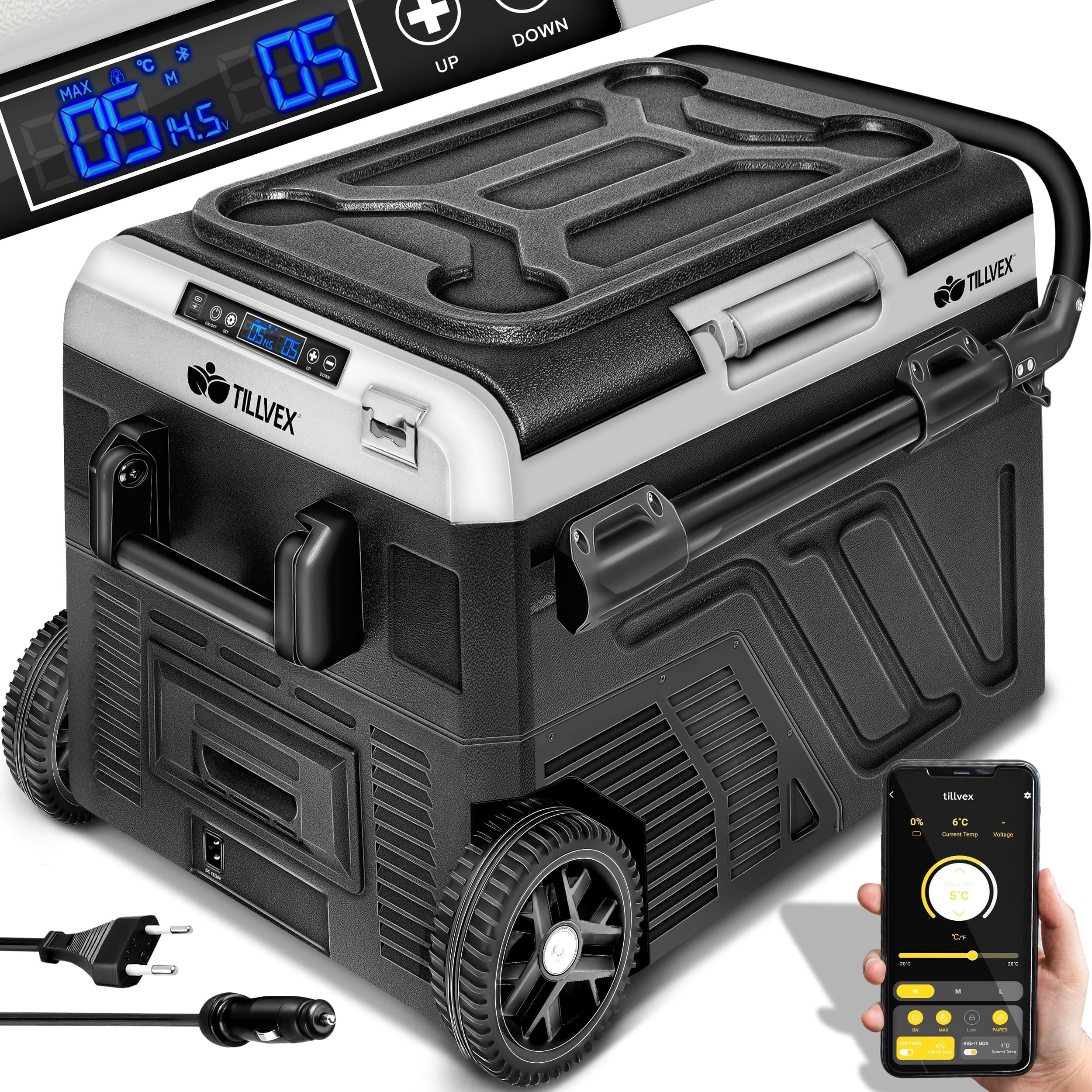 tillvex® Frigorifero Compressore Elettrico 50 Litri | Frigo Congelatore Elettrico con Controllo WIFI-APP, Porta USB, 12/24 V 230V | Frigorifero fino a -20 °C per Auto, Camion, Barca, Camper, Camping