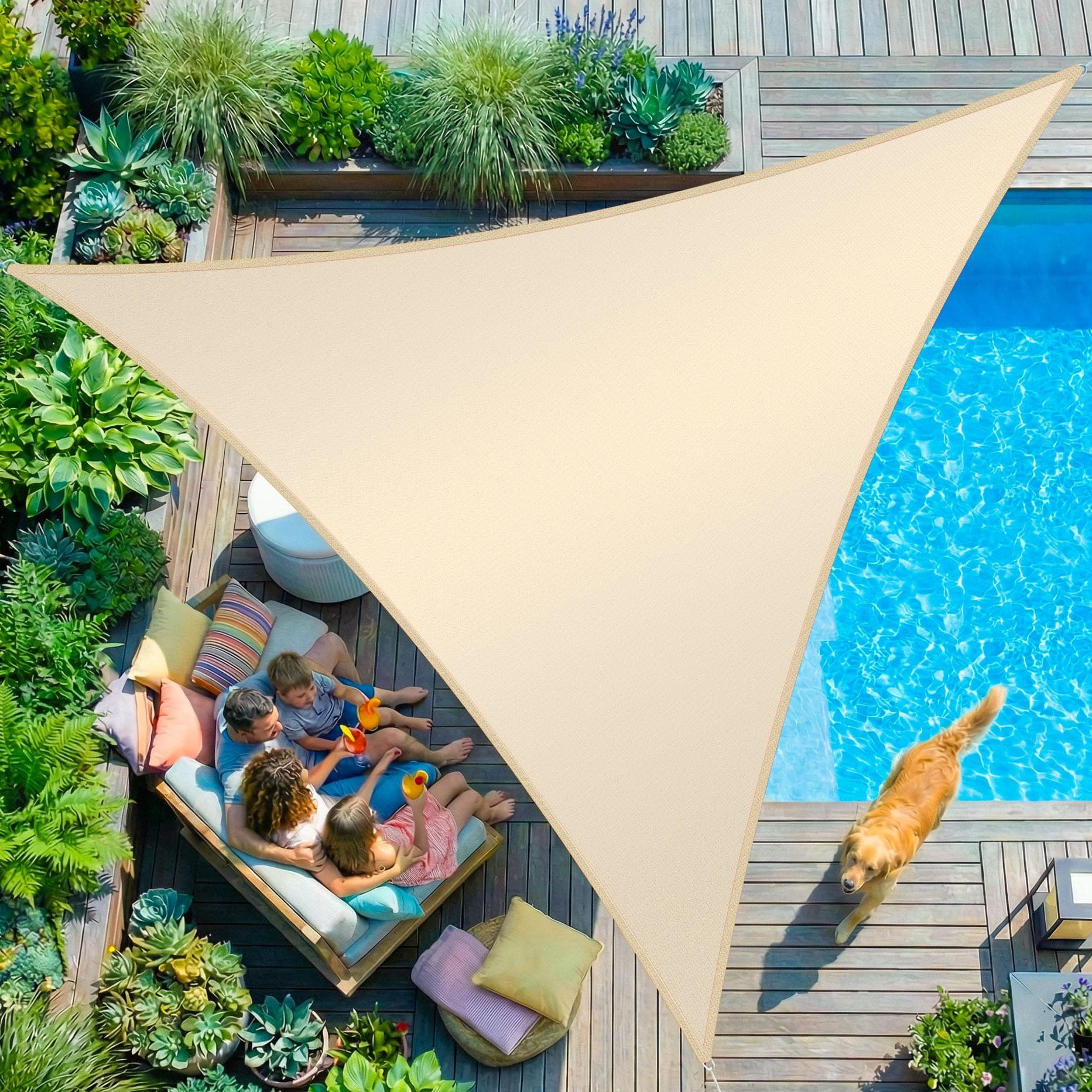 KESSER® Sonnensegel Sonnenschutz Windschutz | HDPE Gewebe | wasserabweisend & windabweisend | Dreieck 4.2x4.2x6m | 5-Fach quer vernäht robust & stabil Schattenspender Garten Balkon Terrasse Creme