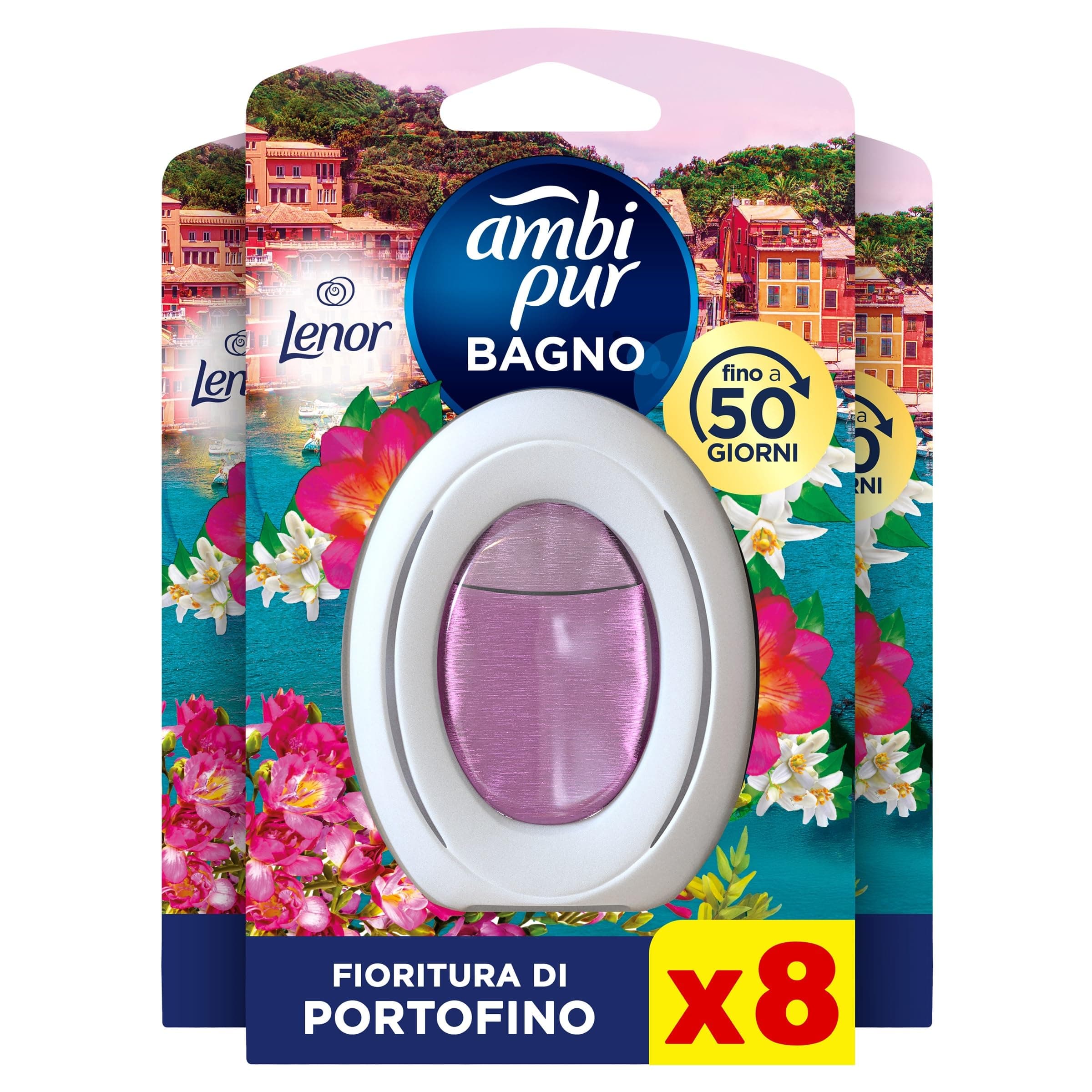 Ambi Pur Bagno Profumatore Per Ambienti, 8 Profumatori Bagno, Fragranza Fioritura di Portofino, Diffusore Ambiente Con Tecnologia Elimina Odori, Durata Fino a 50 Giorni Per Profumatore