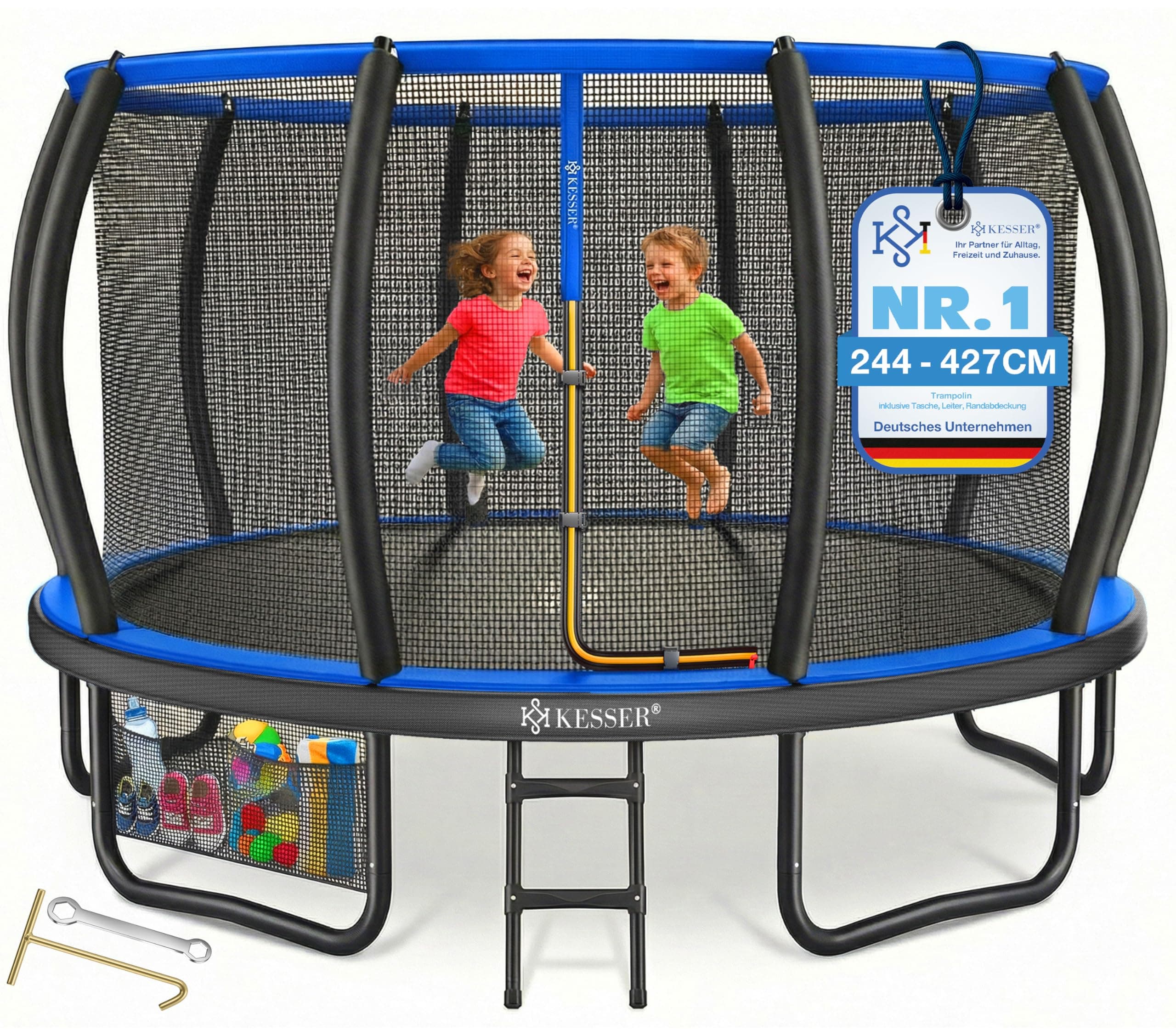 KESSER Trampoline d'extérieur Ø 244/305/366/427 cm, certificat GS, trampoline de jardin pour enfants et adultes < 150 kg avec filet de sécurité, sac, échelle, housse de bord et barres de filet