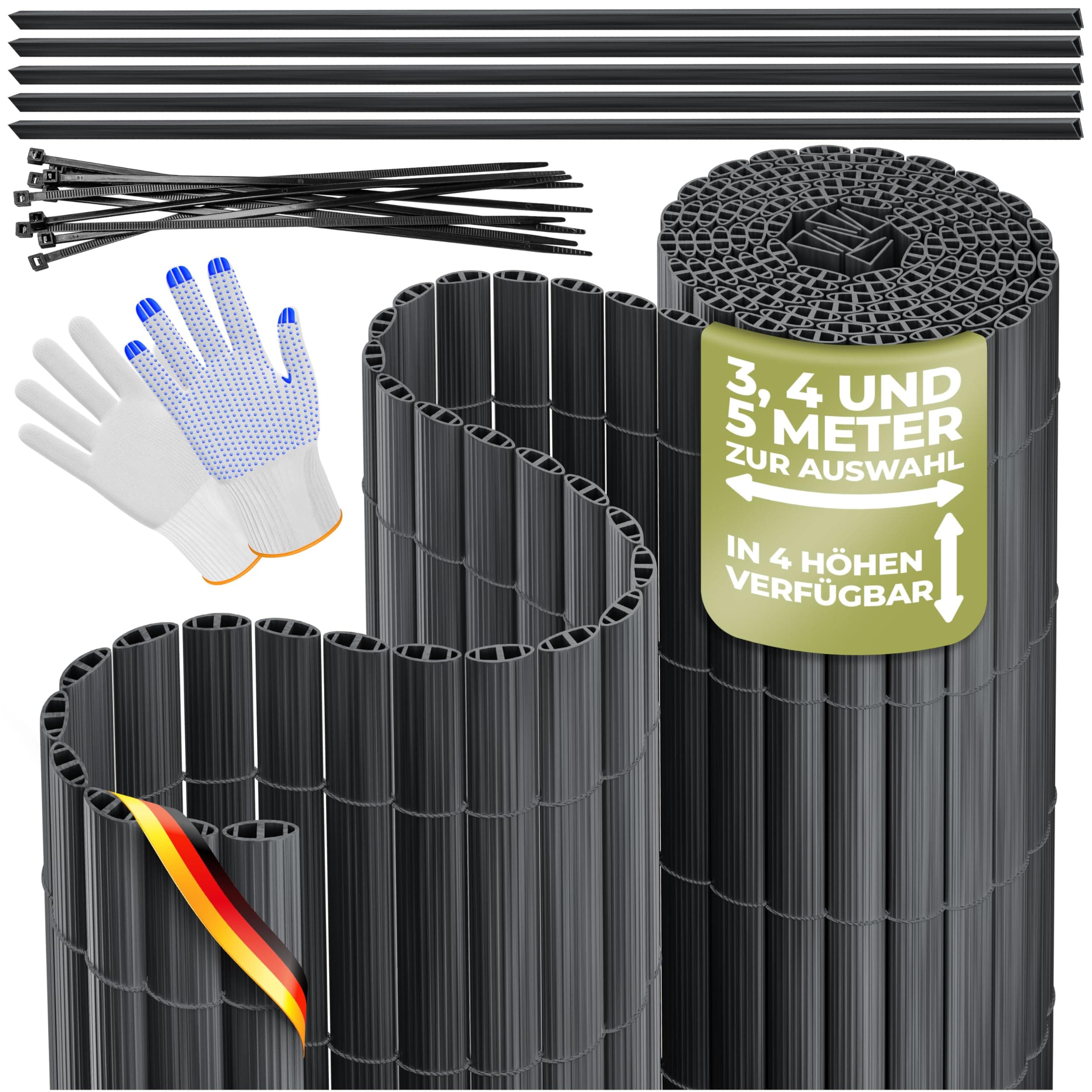 KESSER® PVC Sichtschutzmatte Sichtschutzzaun 100x500cm Balkonverkleidung Windschutz verstärkte Lamellen für Garten Balkon & Terrasse Balkonumrandung inkl Kabelbindern, Abdeckung & Handschuhe Anthrazit