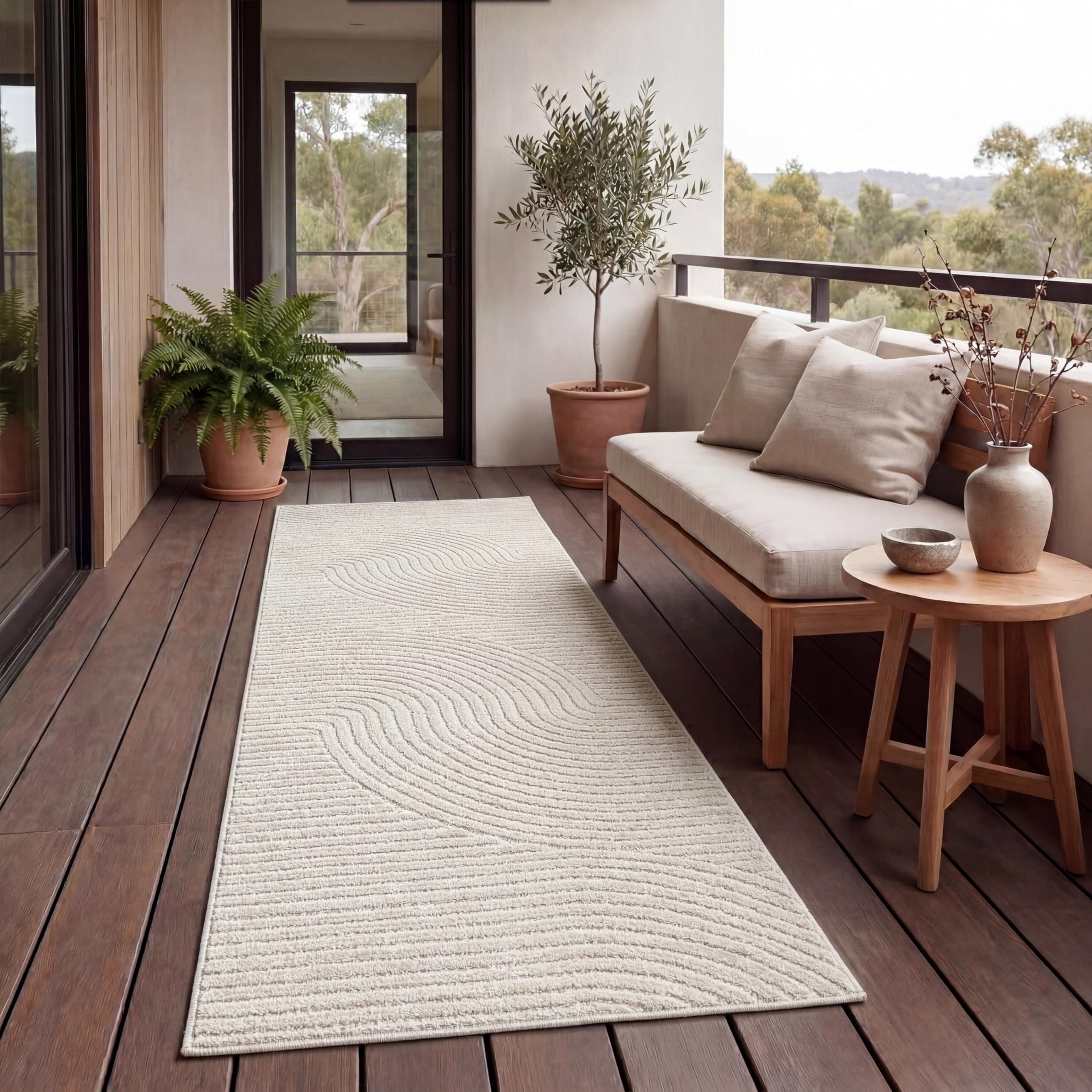 Paco Home Teppich In- & Outdoor, Moderne abstrakte Boho Designs mit 3D Struktur, robust & wetterfest, ideal für Terrasse Wohnzimmer & Küche, Grösse:80x250 cm, Farbe:Creme 2