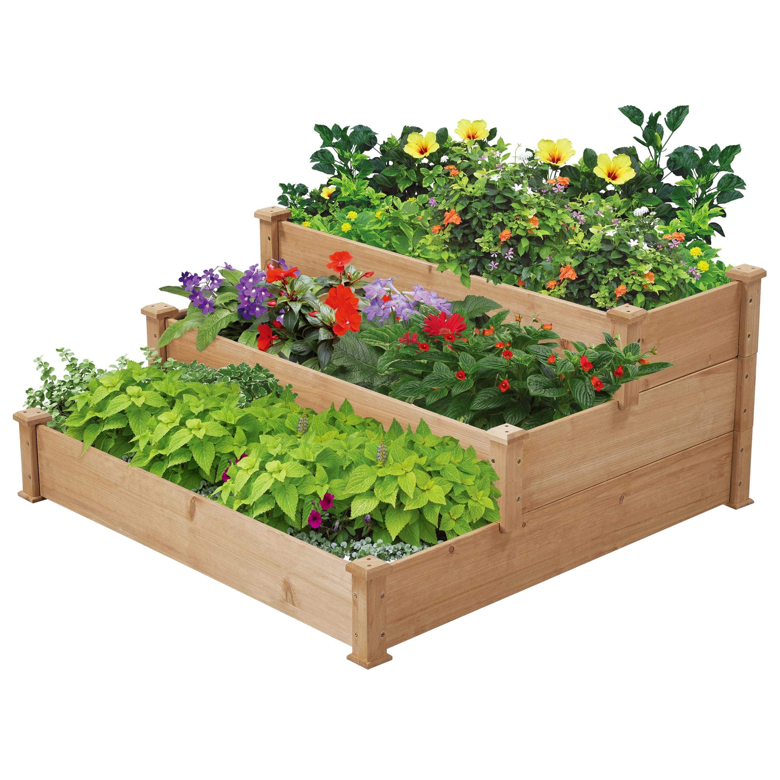 Yaheetech Carré à Plantes en Bois Carré Potager au Sol Lit de Plantation Jardinière à 3 Etages en Bois de Sapin Inoffensif pour Balcon Serre Terrasse Cour 120 x 120 x 56 cm