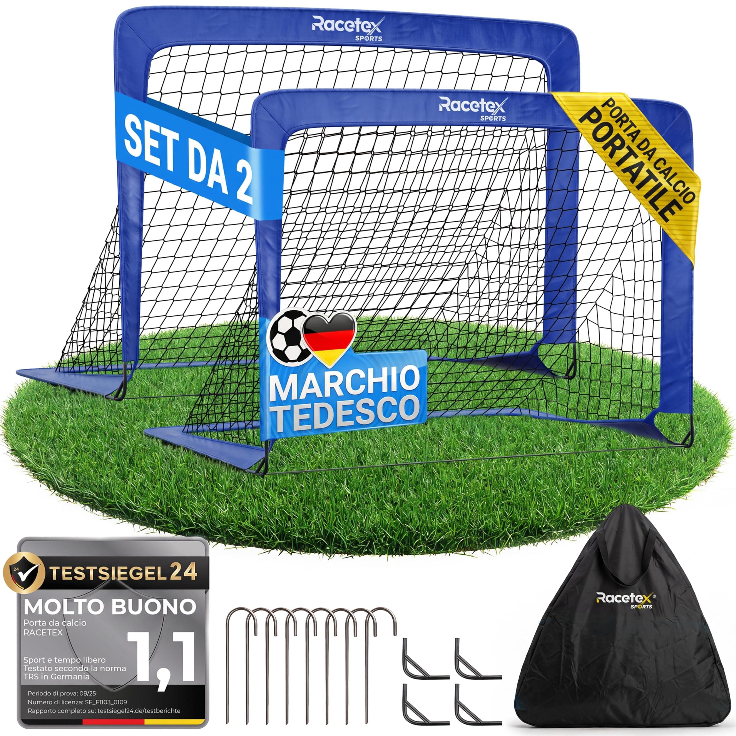 Racetex set di 2 porta calcio bambini - porte da calcio incluse in una pratica borsa per il trasporto - Versione con [ASTE RINFORZATE CON FIBRA DI VETRO] - porta per bambini