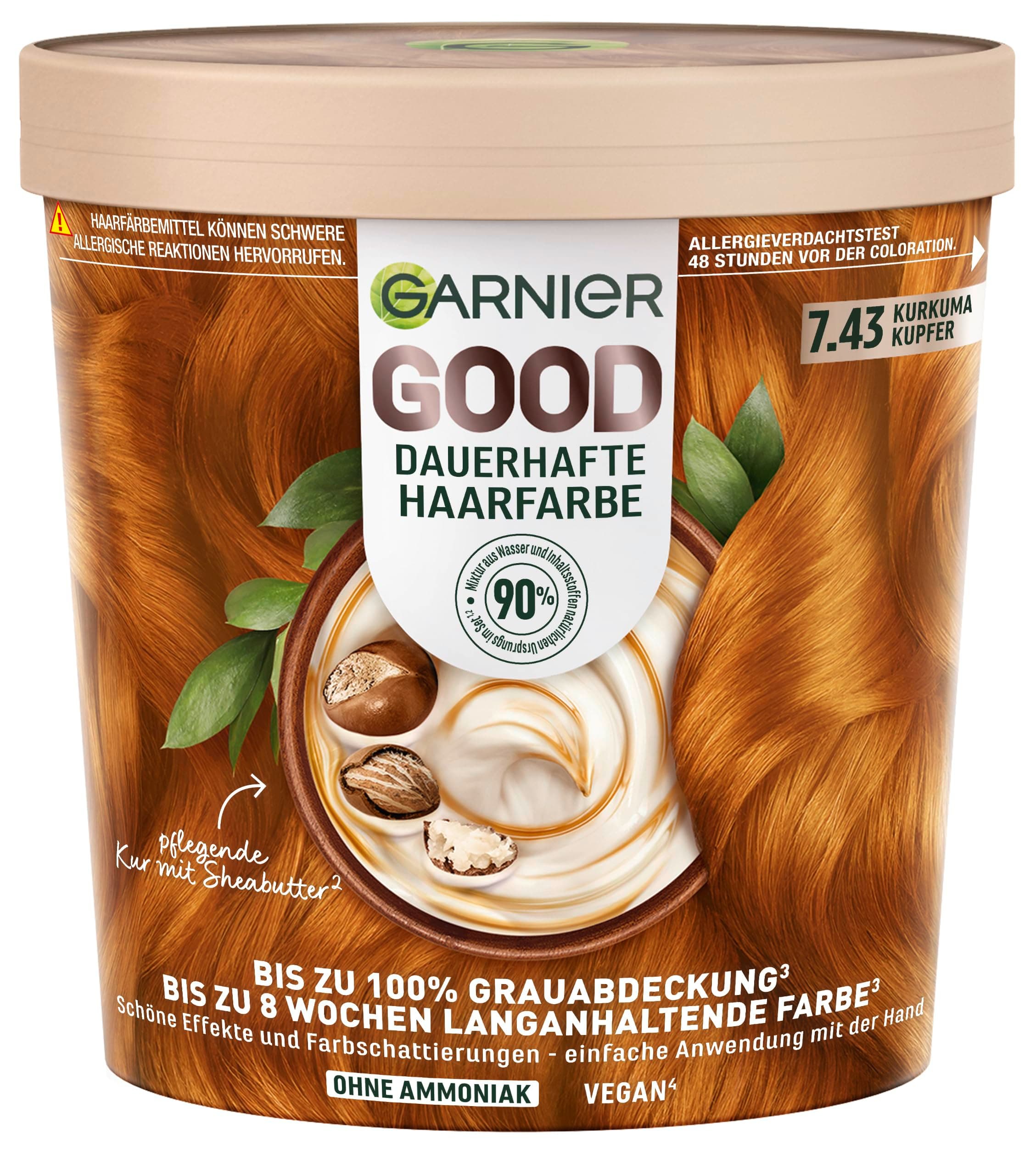 Garnier GOOD Dauerhafte Haarfarbe 7.43 Kurkuma Kupfer, permanente Coloration, ohne Ammoniak, bis zu 100% Grauabdeckung, langanhaltende Farbe bis 8 Wochen, einfache Anwendung, angenehmer Duft, 1 Stk.