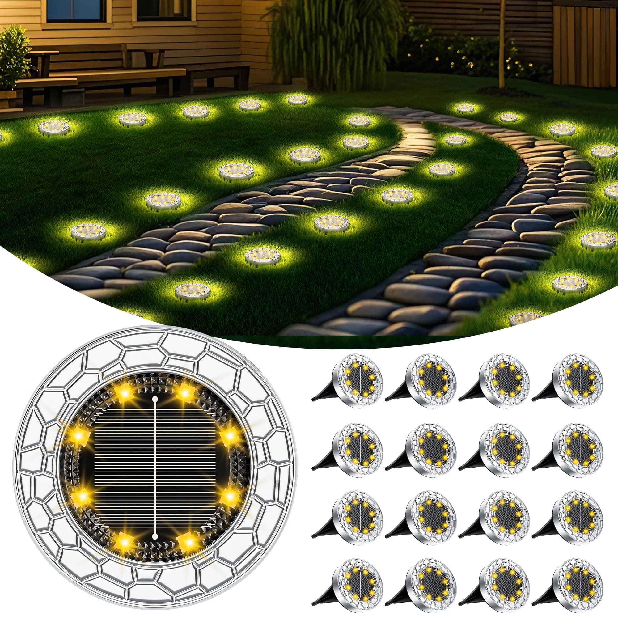 FIFlying 16 pezzi Luci Solari da Giardino, 8 LED Lampade Solare da Terra, Acciaio Inossidabile Bianco Caldo Faretti Sepolta Solari a Led da Esterno, per Prato, Vialetto, Marciapiede, Patio