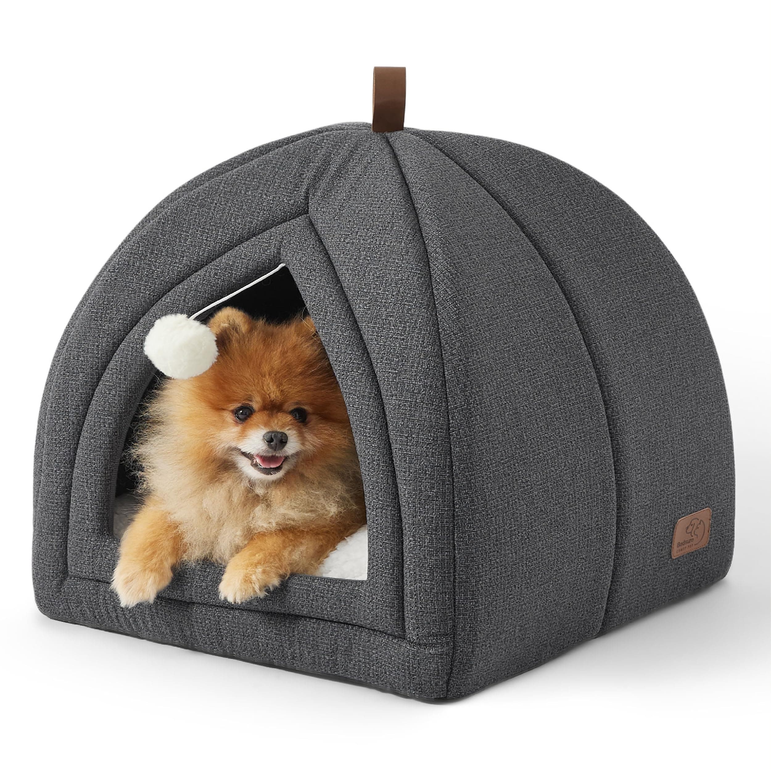 BEDSURE Katzenbett große Katzen Katzenhöhle- 44x44x44 cm Katzenhaus Indoor mit abnehmbarem Sherpa Katzenkissen und hängendem Spielzeug, Katzen Bettchen waschbar, dunkelgrau
