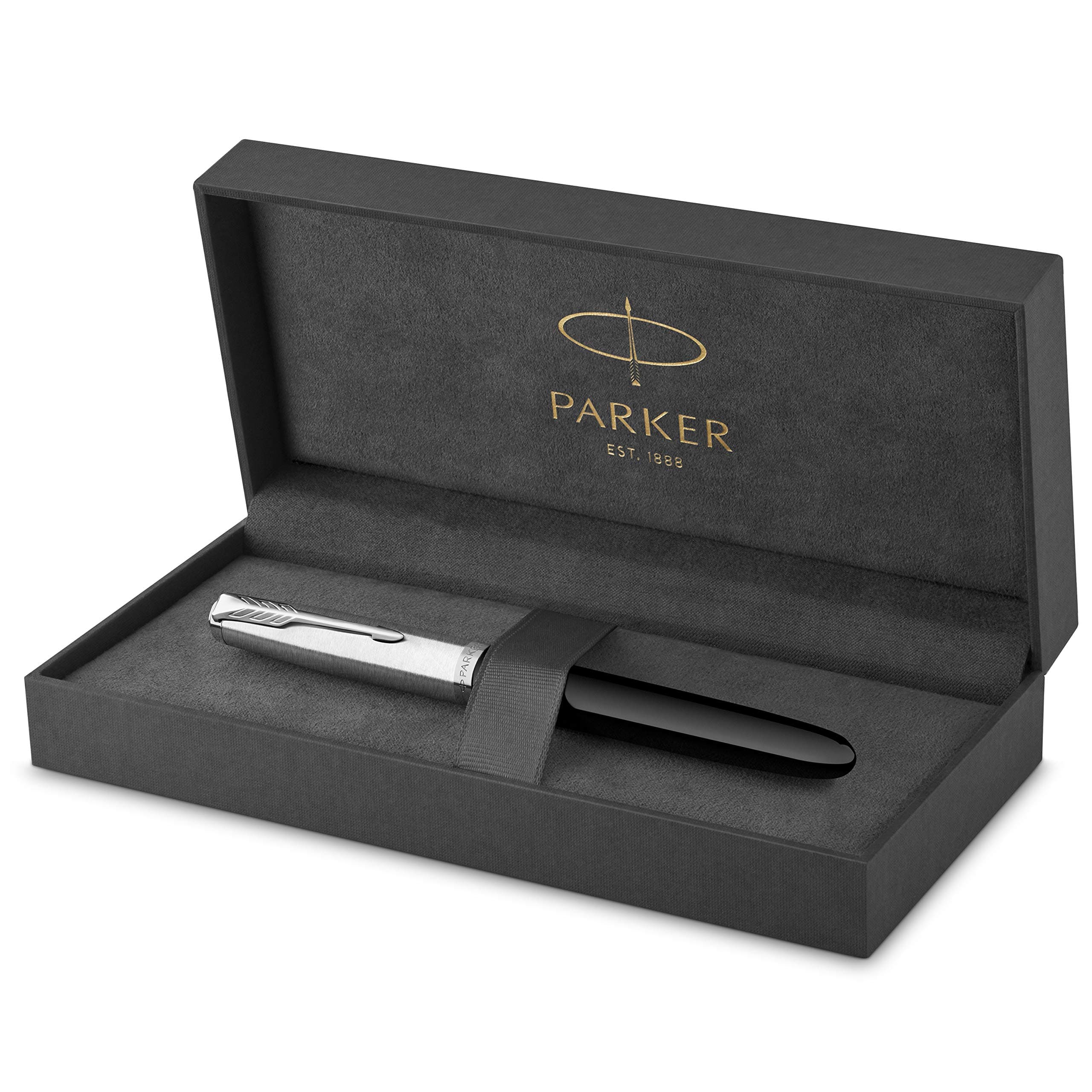 Parker 51 pluma estilográfica | cuerpo negro con adorno cromado | plumín fino con cartucho de tinta negra | estuche de regalo