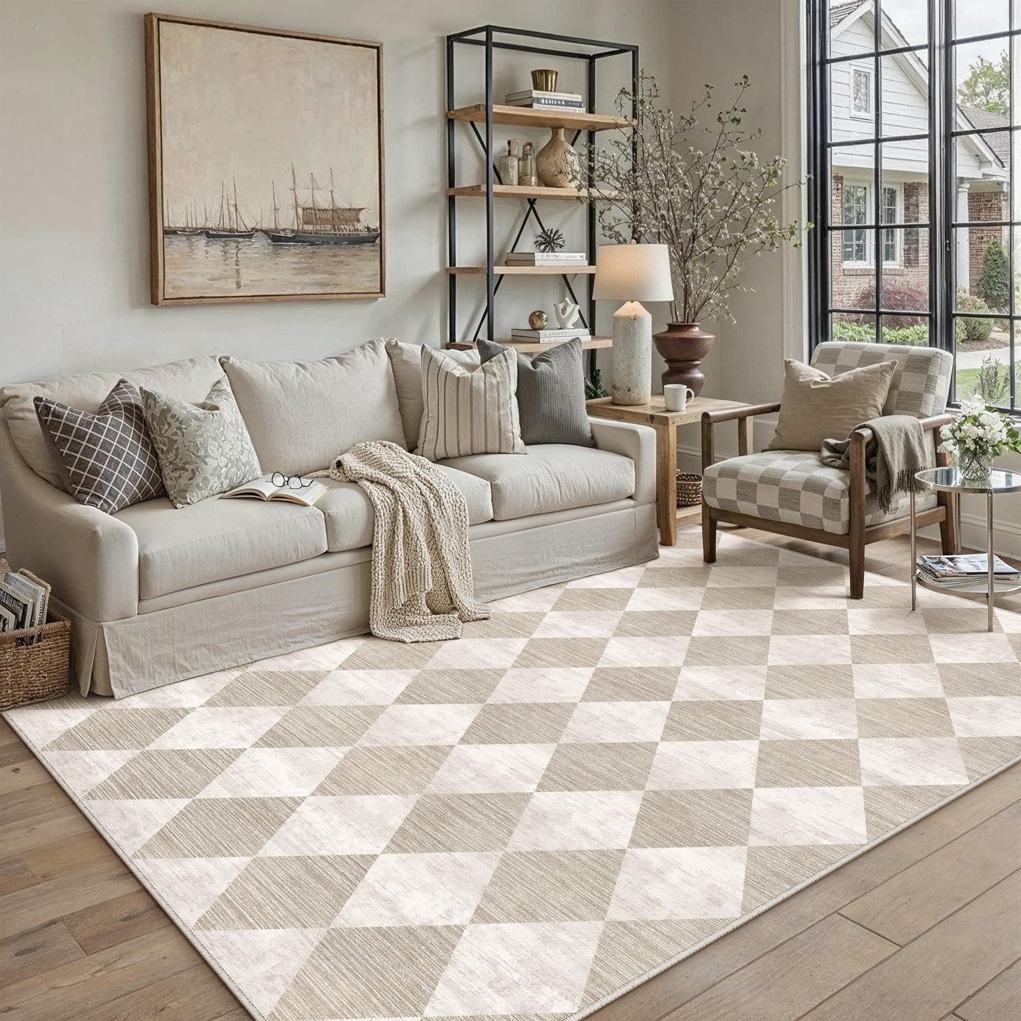 PureCozy Tappeto Salotto 160x230cm Beige Lavabile in Lavatrice Antiscivolo Camera da Letto Grande Tappeti Moderno Geometric Rombo Carpet Soggiorno Cameretta Ufficio Pelo Corto Rug
