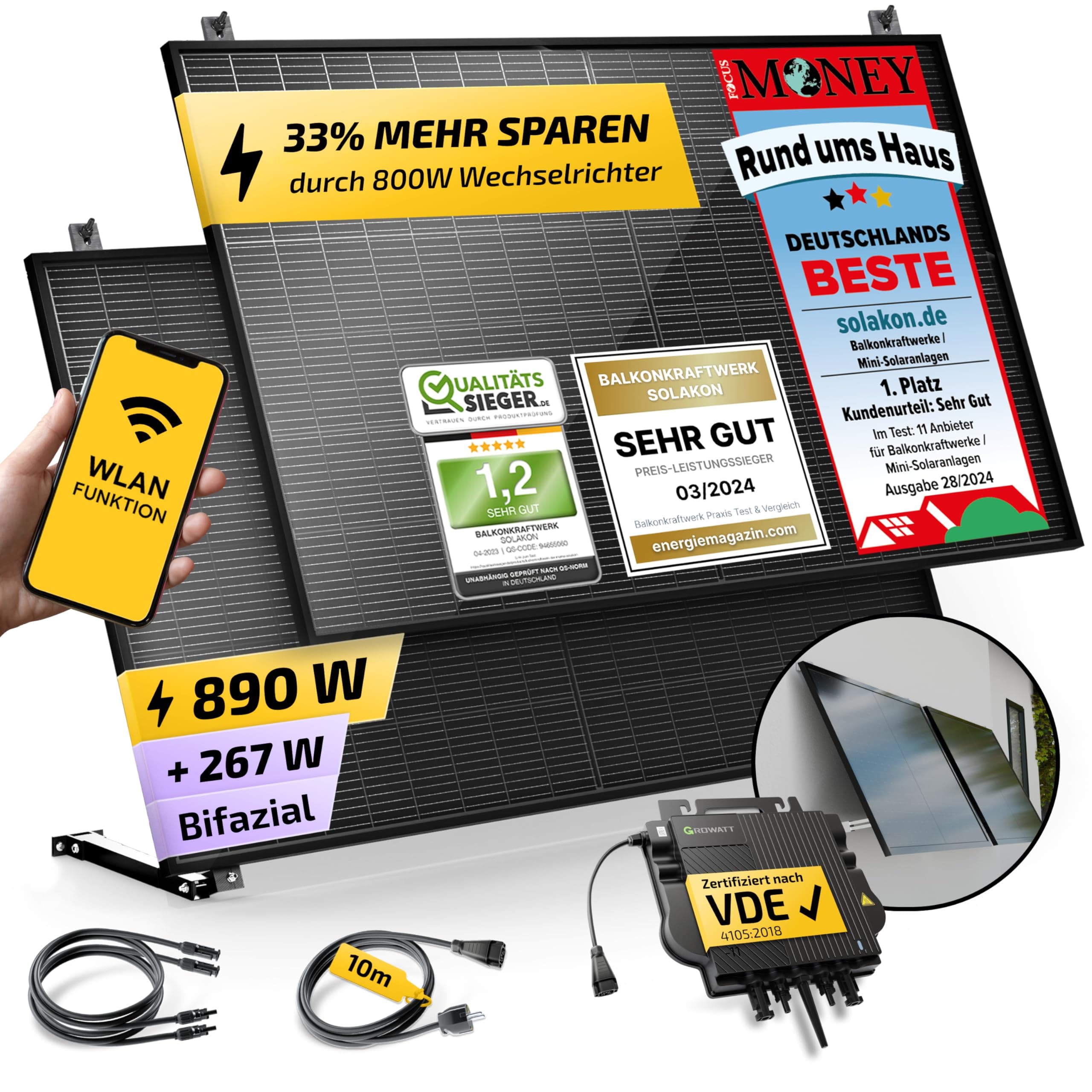 Solakon 900W Balkonkraftwerk mit Halterung (Wand) - Balkonkraftwerk 800W komplett Steckdose - 800 Watt Wechselrichter - Solaranlage Komplettset - 450W bifaziale Solarmodule inkl. Zubehör - 10m Kabel