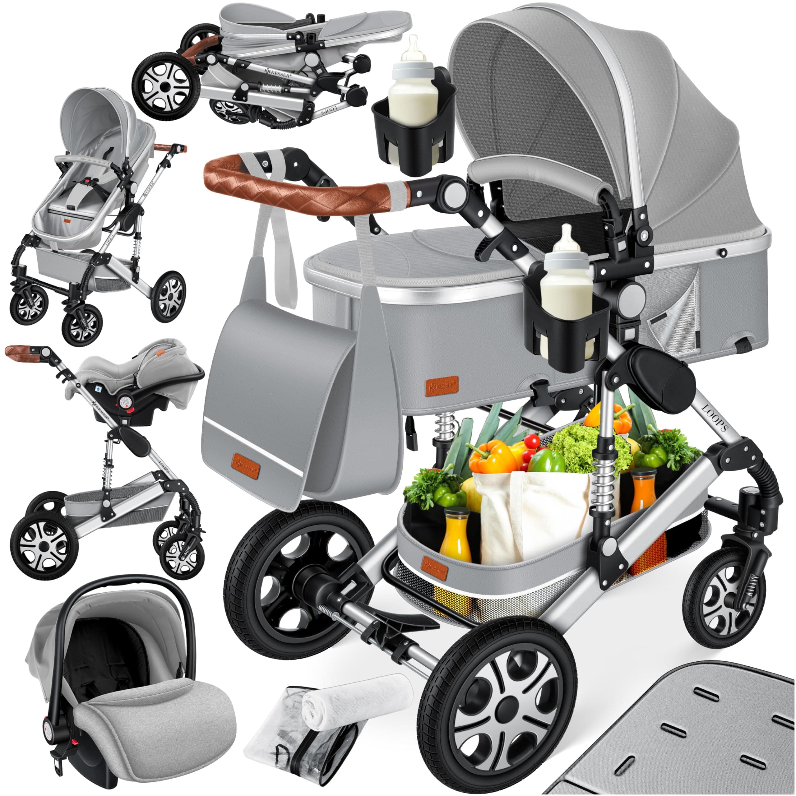 KESSER® Carrozzina 3in1 Loops, Carrozzina Combinata con navicella, Seggiolino sportivo, Seggiolino auto, Borsa Fasciatoio, Parapioggia, Tavolino per Bambini, Grigio Asfalto/Argento