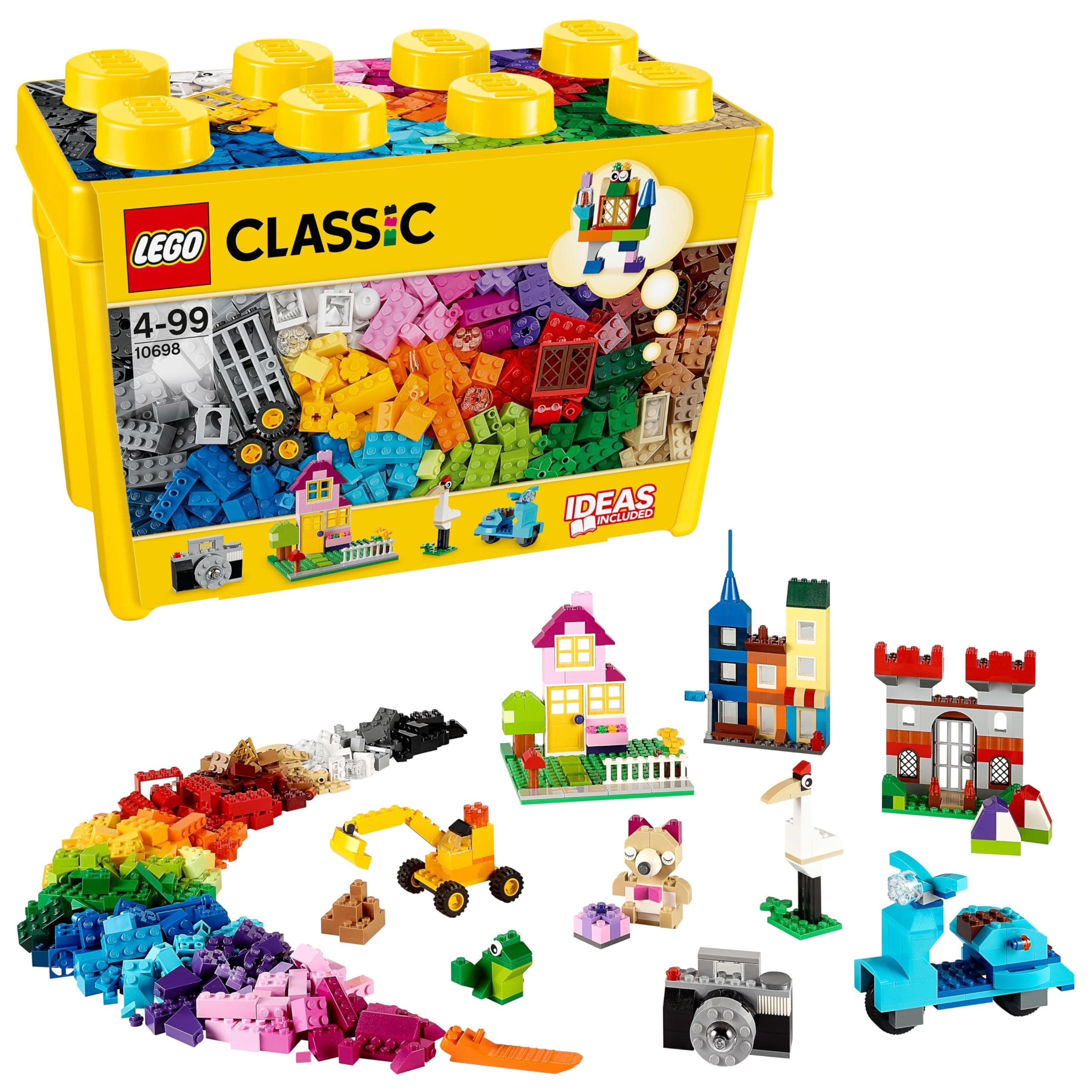 LEGO Classic Caja de Ladrillos Creativos Grande, Juguetes para Niños y Niñas de 4 Años o Más, 2 Bases Verdes, Animales, Casas y Coches de Juguete, Juego de Construcción 10698