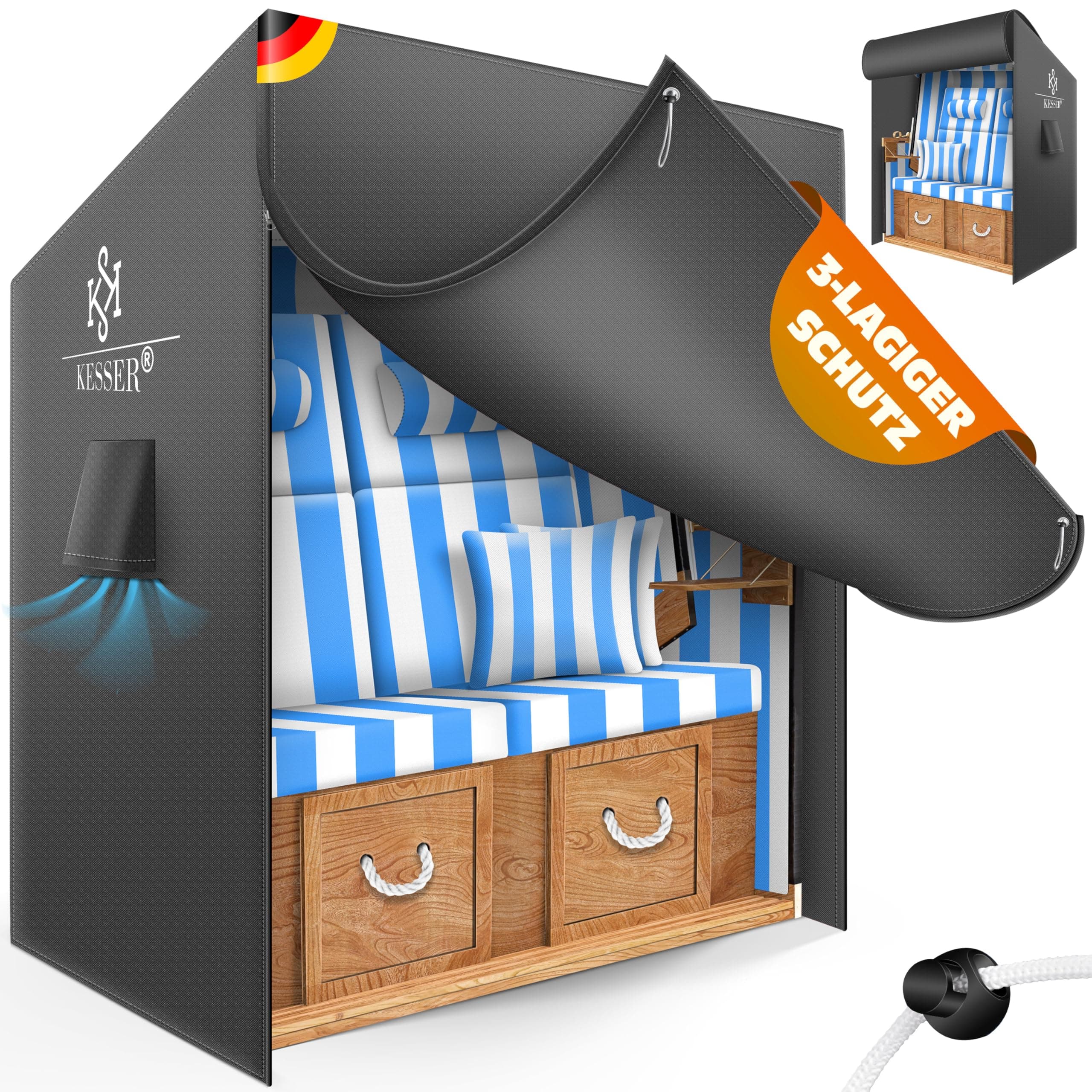 KESSER® Premium Strandkorb Schutzhülle mit Belüftungsöffnungen, Strandkorbhülle Wasserdicht, Winterfest UV-Beständiges, Schwerlast Reißfest 600D Oxford Gewebe Abdeckung (120x90x160cm), Anthrazit