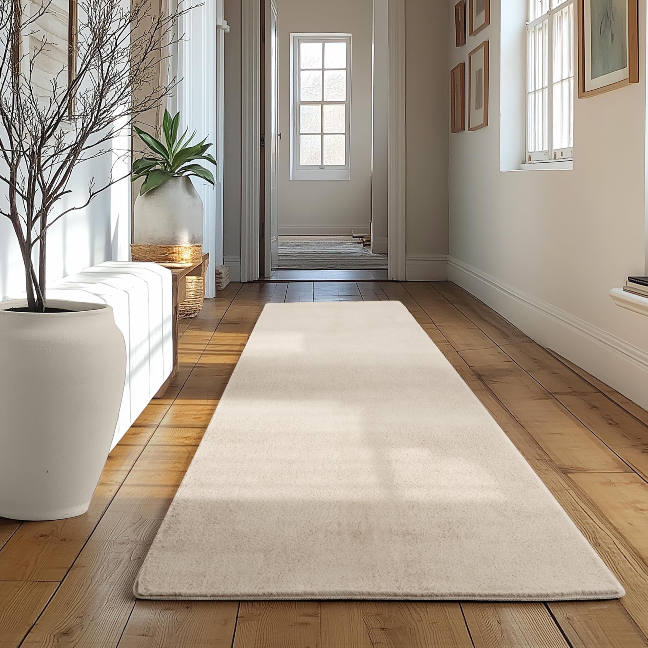 SIMPEX Läufer Teppich Creme 80x250 cm Waschbarer Kurzflor Teppich, rutschfest & weich, modernes einfarbiges Design für Schlafzimmer, Küche & Flur