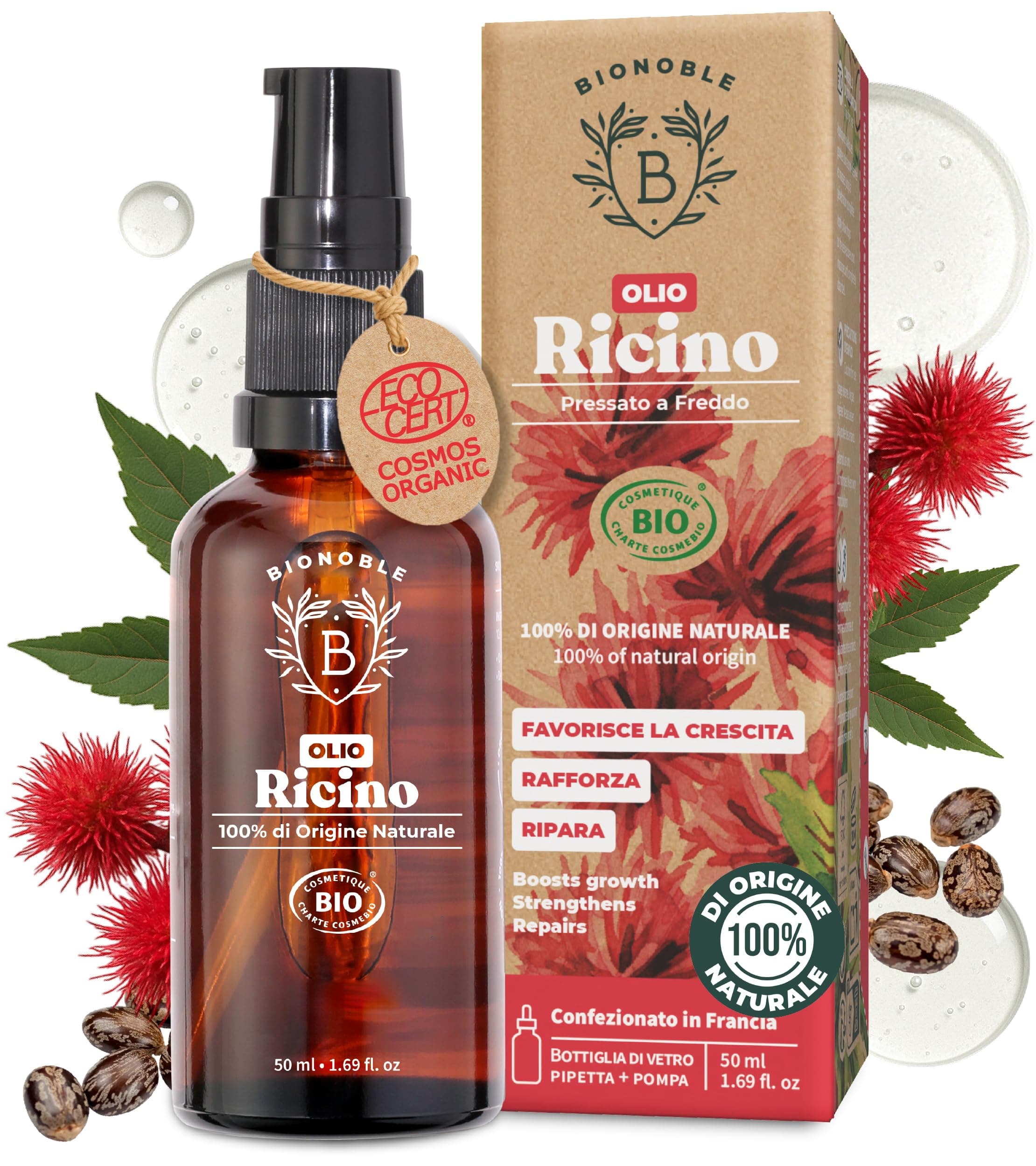 BIONOBLE Olio di Ricino Puro e Biologico - Pressato a Freddo, Senza Esano - Olio di Ricino per Capelli Crescita, Ciglia e Sopracciglia - Castor Oil Organic - Bottiglia di Vetro, Pipetta, Pompa - 50ml