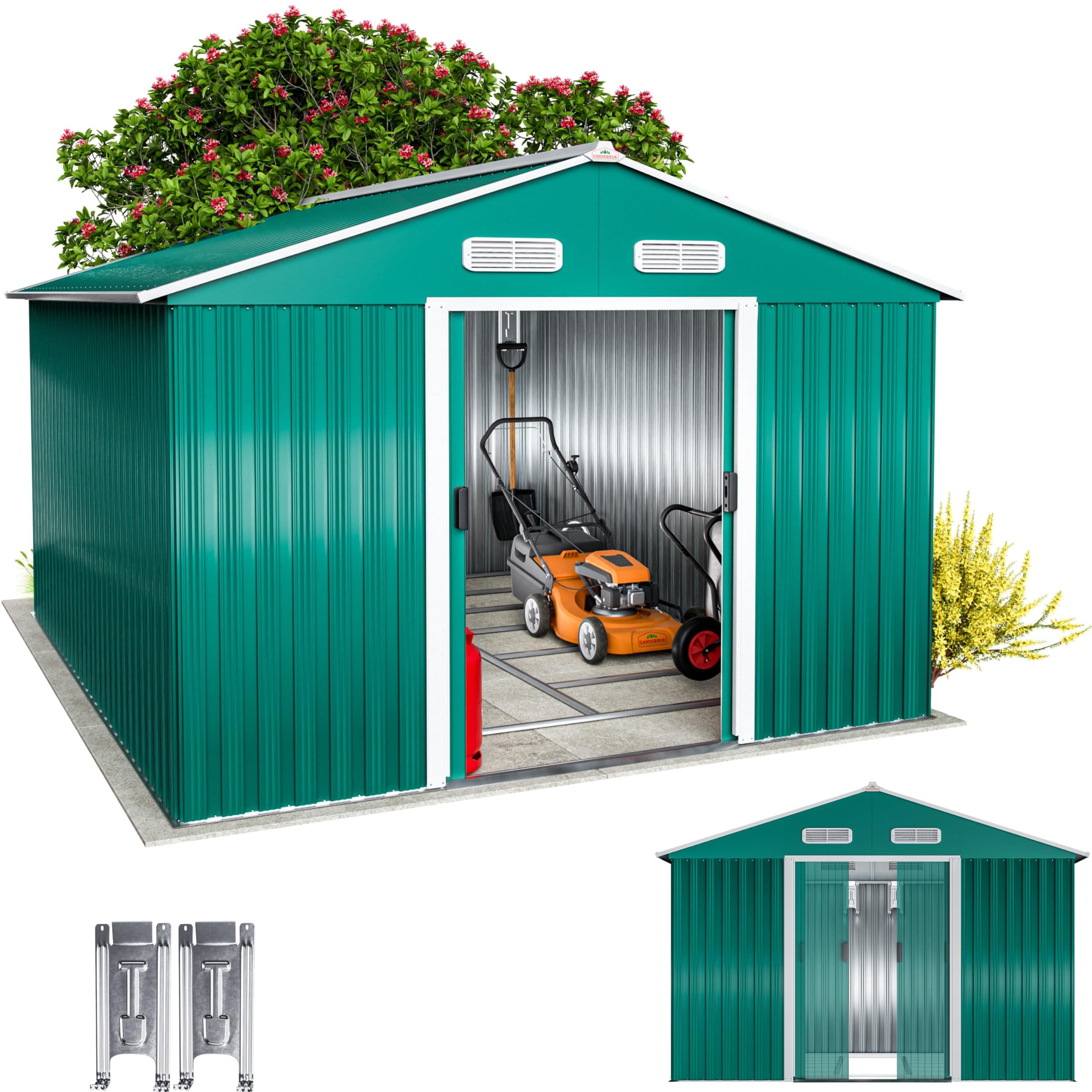 GARDEBRUK Cobertizo de Jardín 8m² con Base Caseta Metálica Verde | 312x257x178cm, 15m³, Puerta Corredera, 4 Ganchos, Rejillas Ventilación, Tejado Dos Aguas, Candado, Resistente Intemperie
