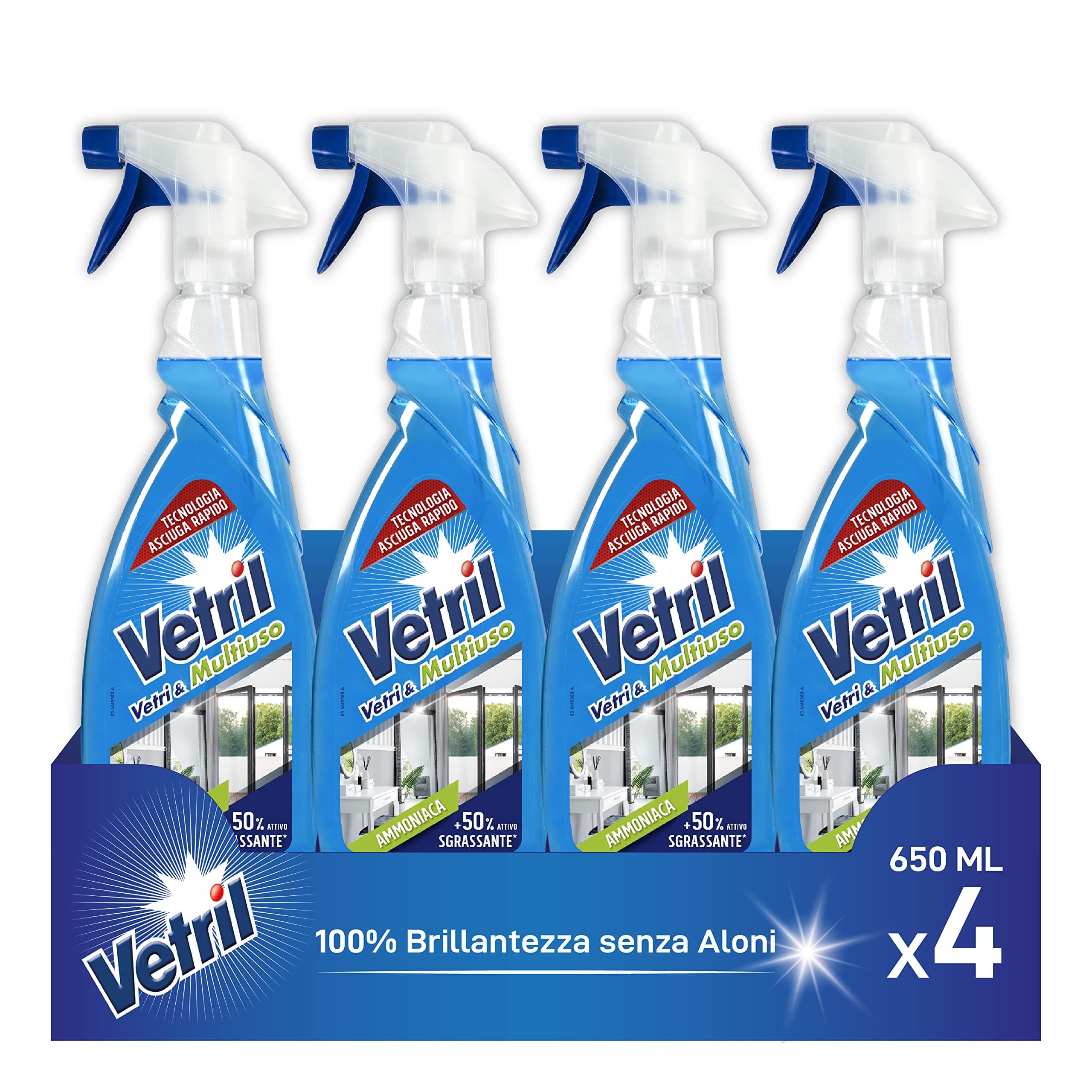 Vetril - Detergente Spray Vetri e Superfici con Ammoniaca, Azione Sgrassante e Brillantezza Senza Aloni, 650 ml x 4