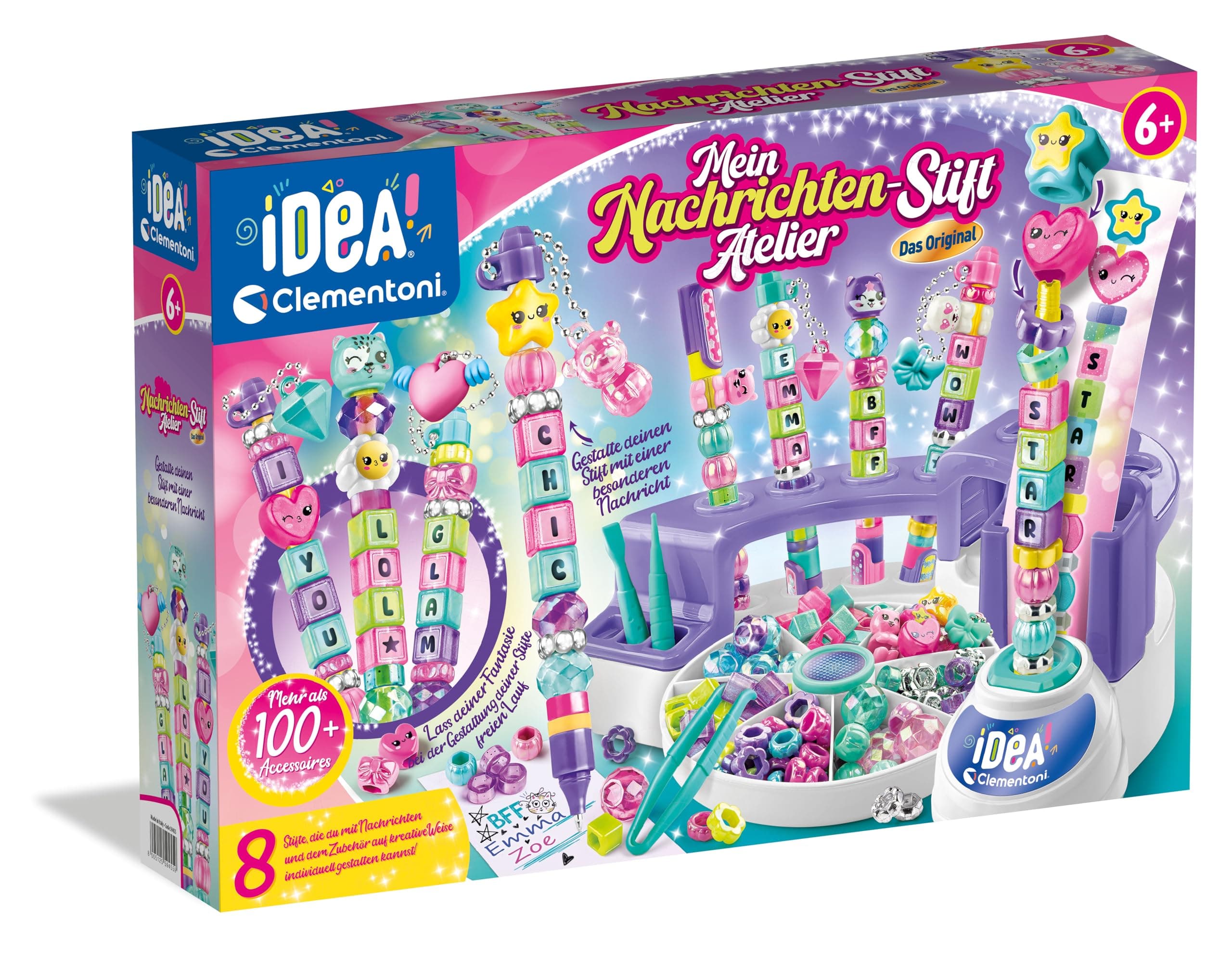 Clementoni Idea Nachrichten-Stift Atelier - Stift Bastelset mit Buchstaben, Perlen, Aufklebern & mehr - Personalisierter Stift, Geschenk-Set für Kinder ab 6 Jahren, 59455