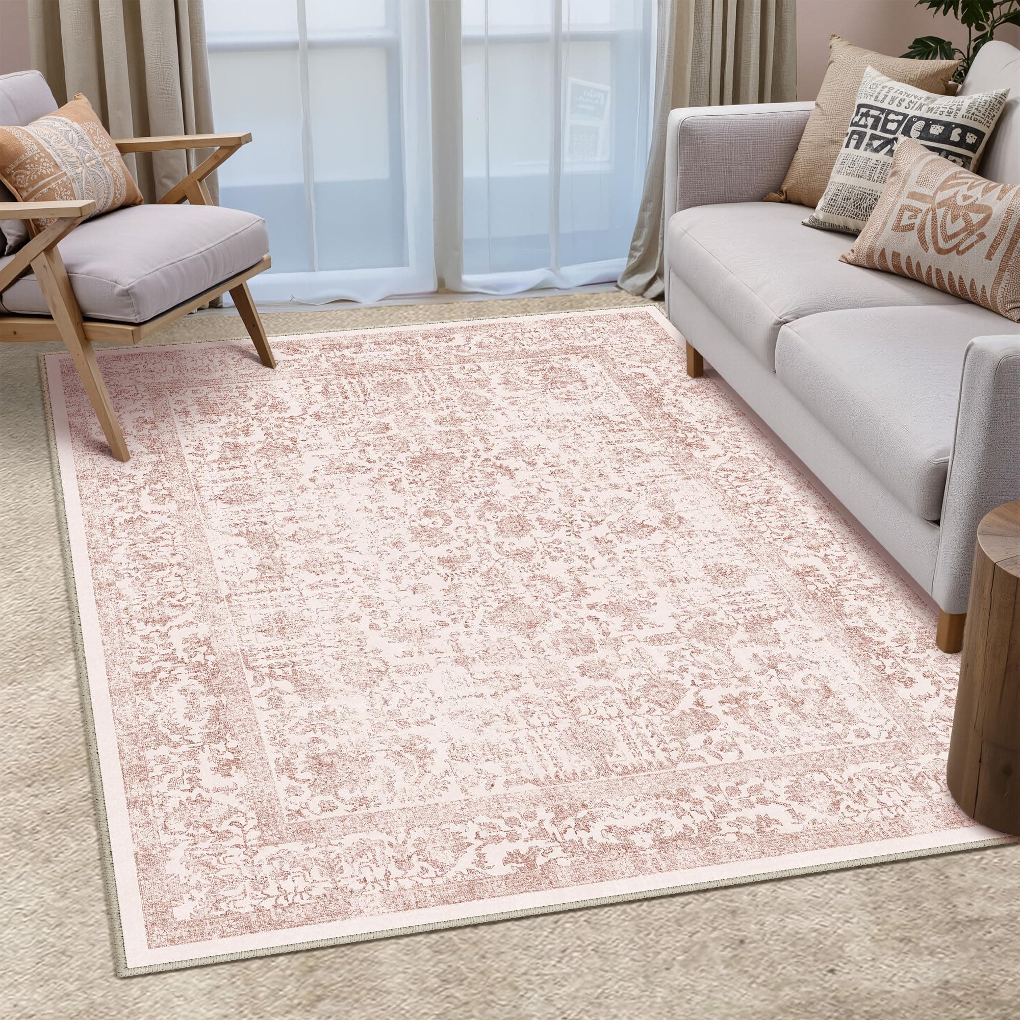 HUGEAR Alfombra Salon Rosa Antideslizante Alfombras Lavables en Lavadora Tapetes para Sala 120x180cm Habitacion Dormitorio Comedor Flor Vintage Grande Tapete Pelo Corto tapete Quarto