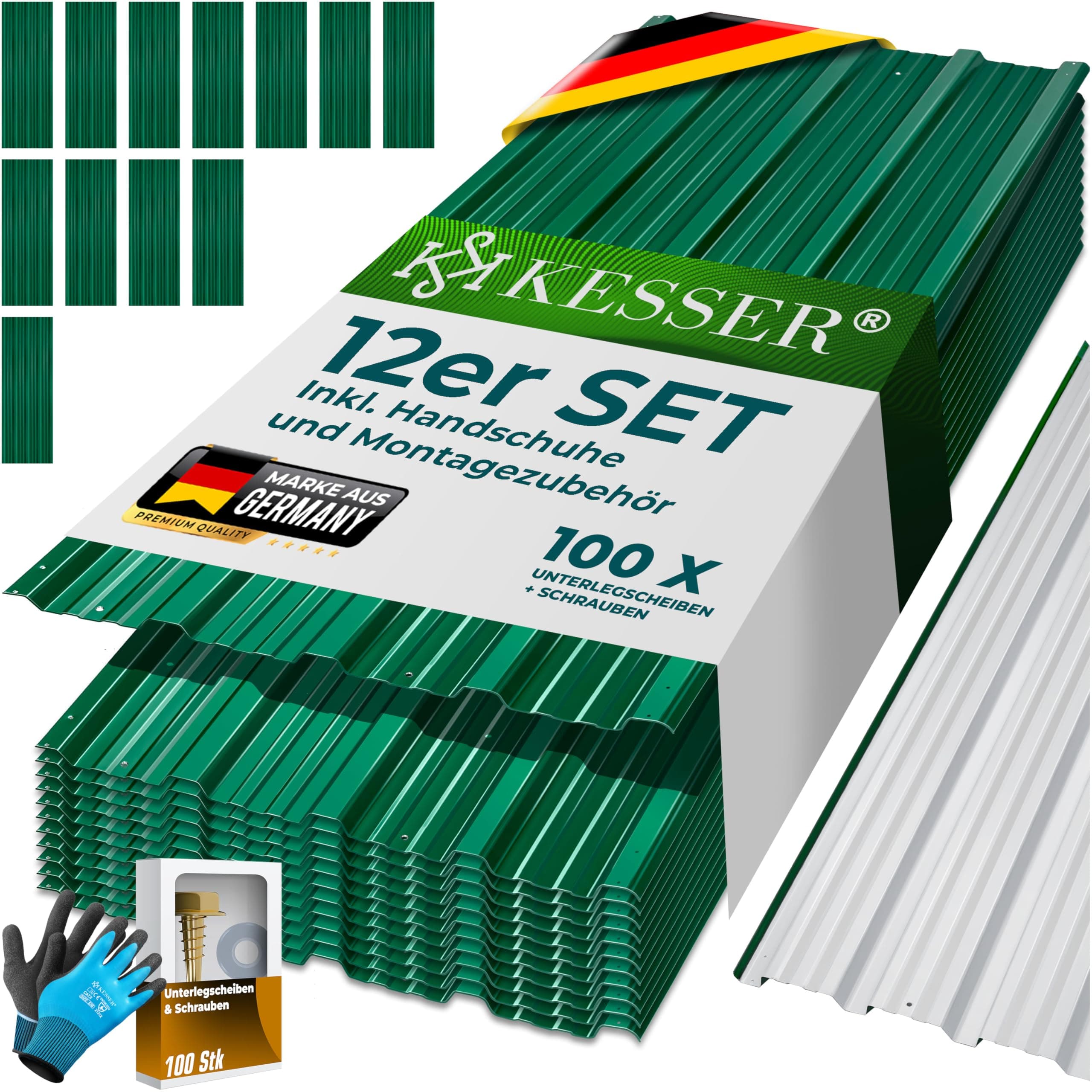 KESSER® 12 Stück Trapezblech Profilblech Set 129x45cm, 7 m² Dachblech verzinkter Stahl 0,25mm, Dachplatten für Gerätehaus, Schuppen & Dach + Schrauben, Unterlegscheiben & Montagehandschuhe, Grün