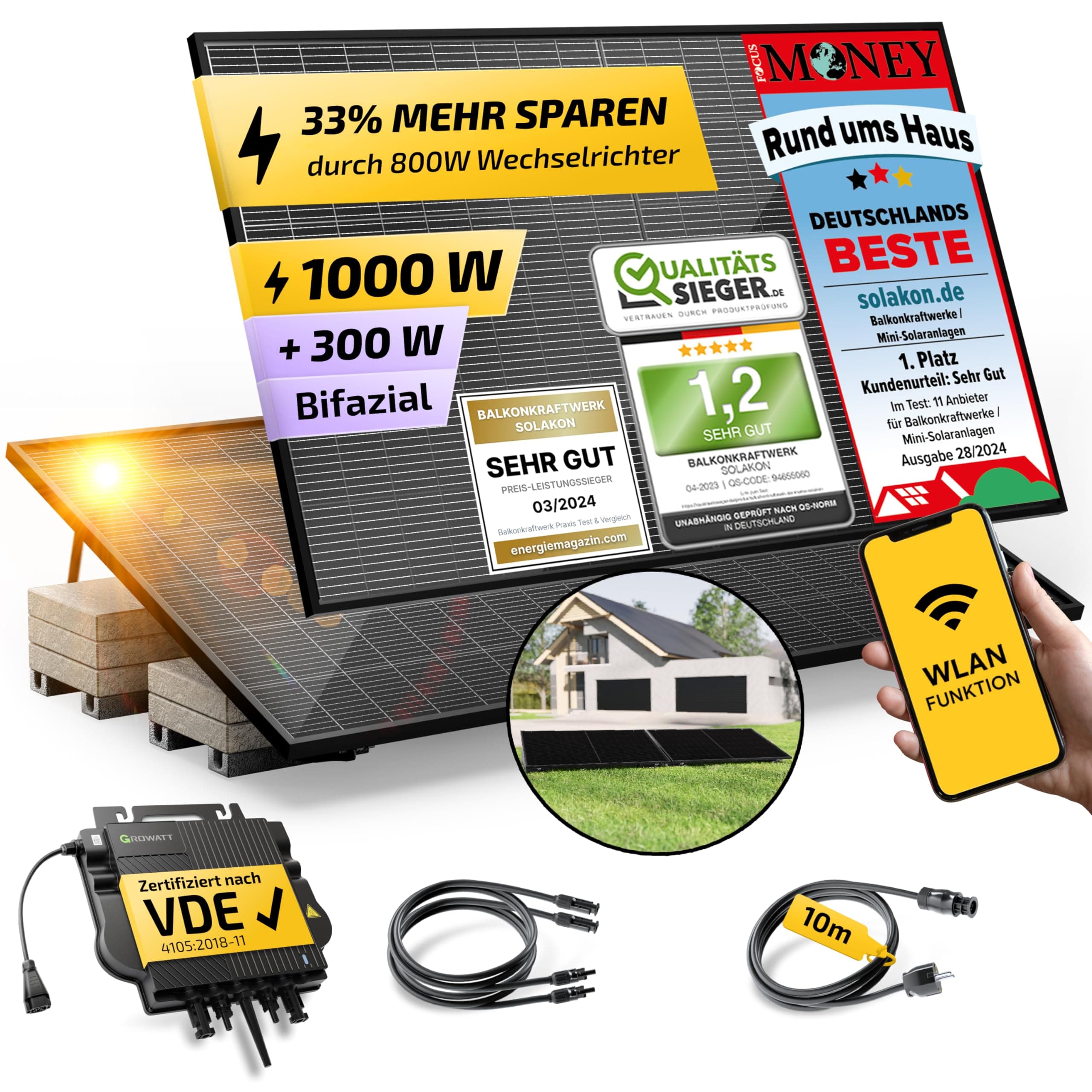 Solakon® 1000W Balkonkraftwerk mit Halterung (Flachdach) - Balkonkraftwerk 800W komplett Steckdose - 800 Watt Wechselrichter - Solaranlage Komplettset - 500W bifaziale Solarmodule inkl. Zubehör