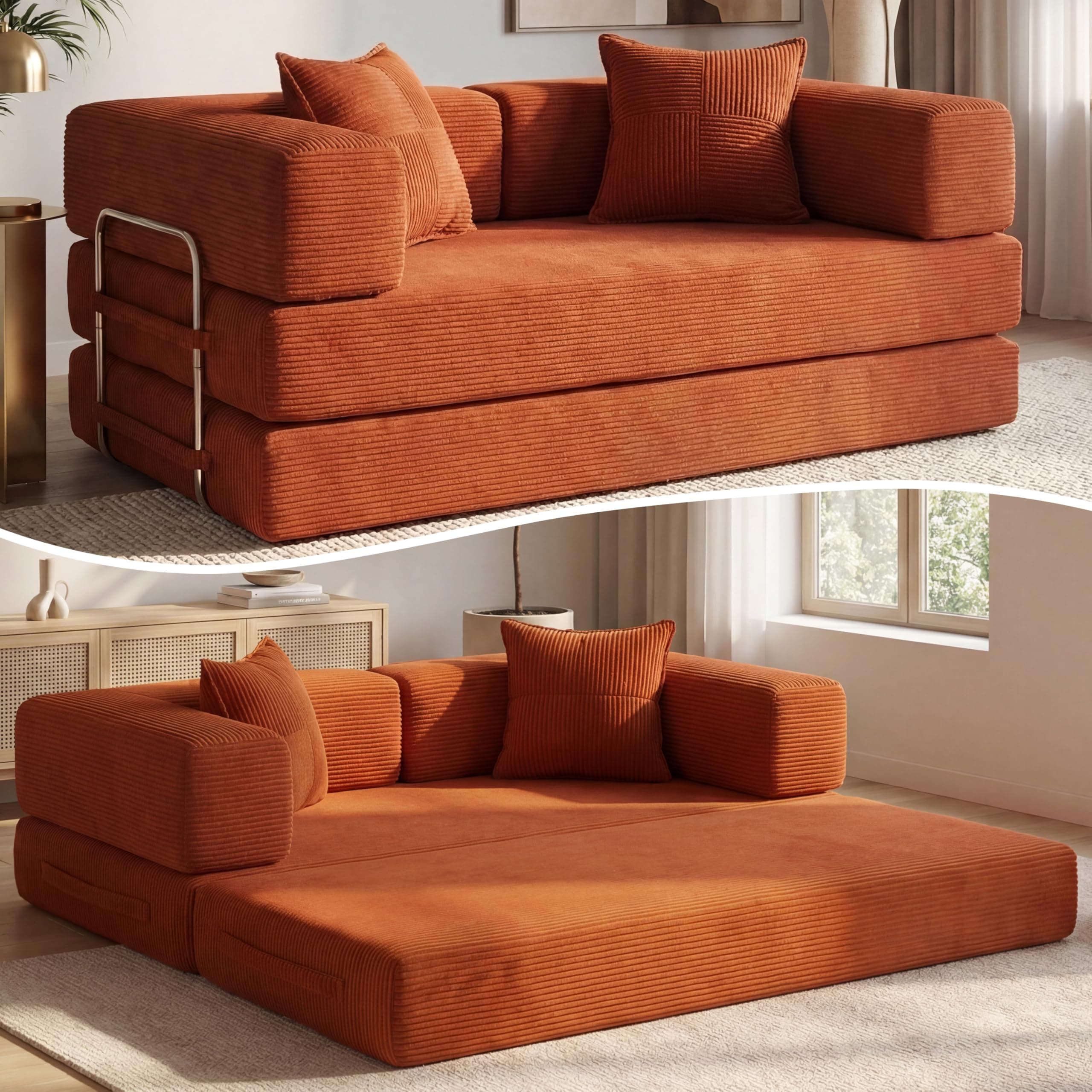 Vipbear Sofá Cama Pana 160×90×70 cm, sofá de Suelo transformable 5 en 1, Espuma de Alta Densidad, Apto para Mascotas y ergonómico, sin Montaje, Naranja
