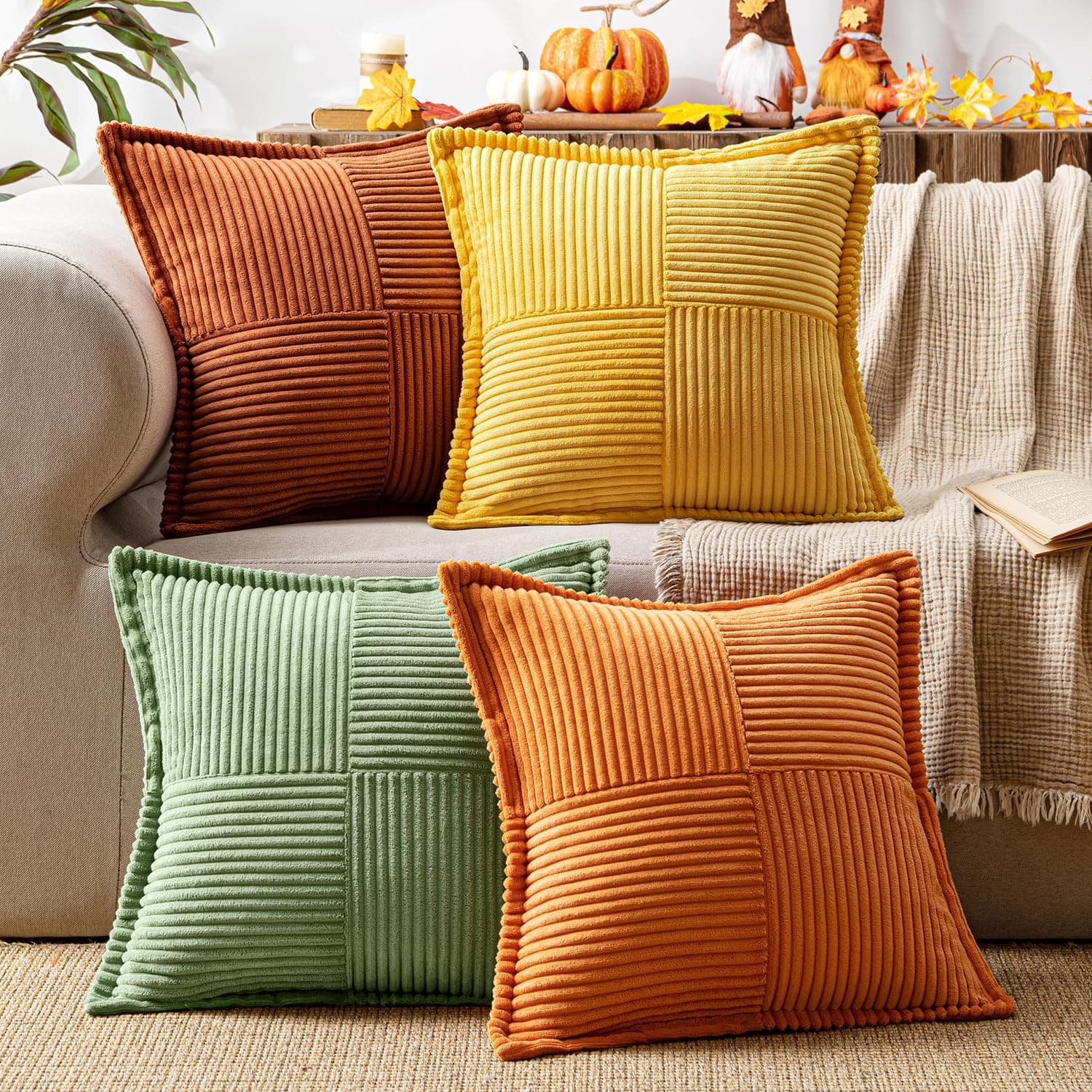 MIULEE 4er Set Kordsamt Kissenbezüge Weich Dekokissen Dekorativ Kissenbezug Modern Kissenhülle Sofakissen Zierkissen Couchkissen für Wohnzimmer Schlafzimmer Orange Grün Serie 50x50 cm