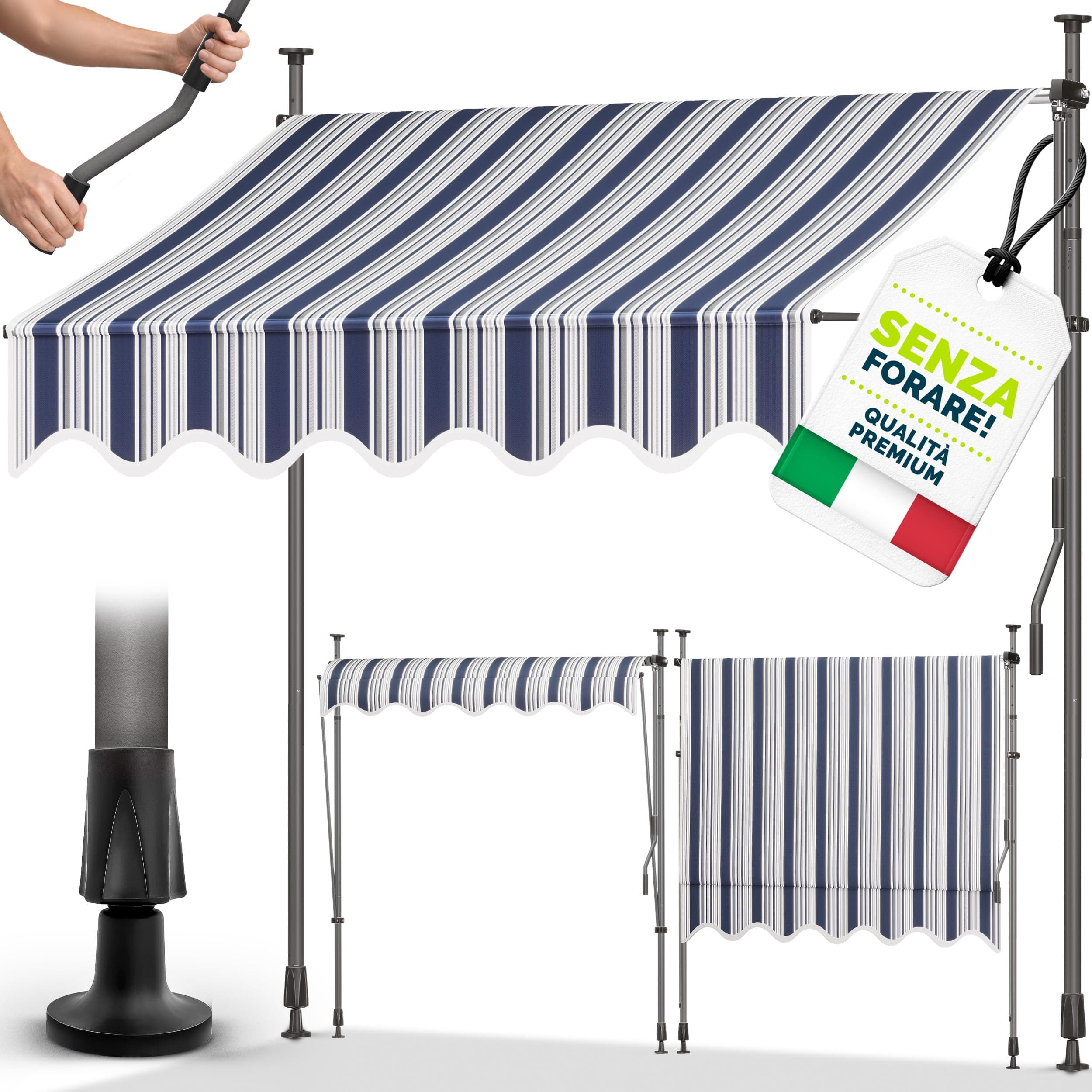 tillvex Tenda da Sole a Bracci con Manovella | Protezione per Balcone, Regolabile, Senza Forare | Tenda Resistente per Esterno Raggi UV e Regolabile in Altezza (Blu/Grigio, 200cm)