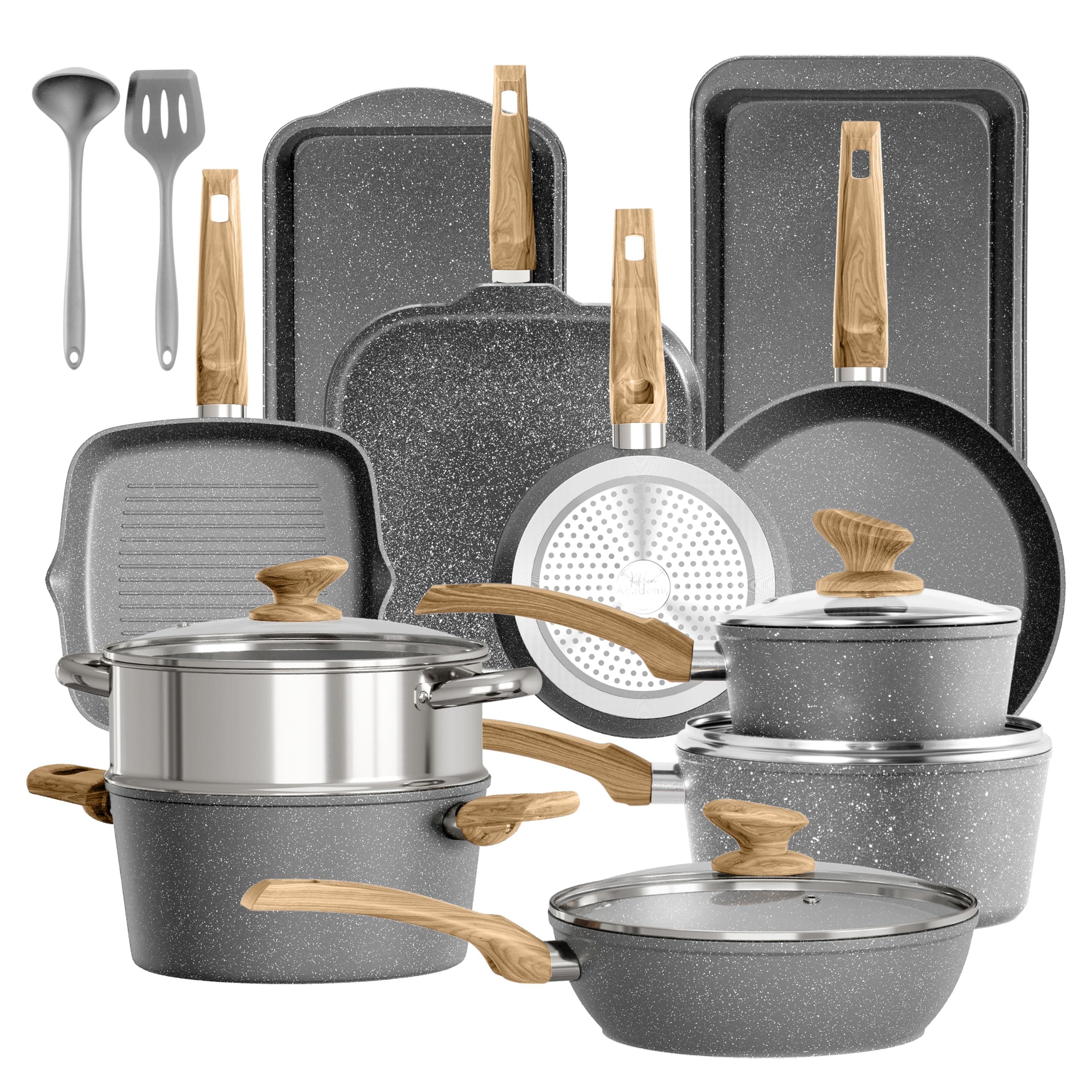 Kitchen Academy - Set di pentole a induzione, 17 pezzi, con coperchi in vetro e rivestimento in granito, con padelle e pentole (grigio, 17 pezzi)