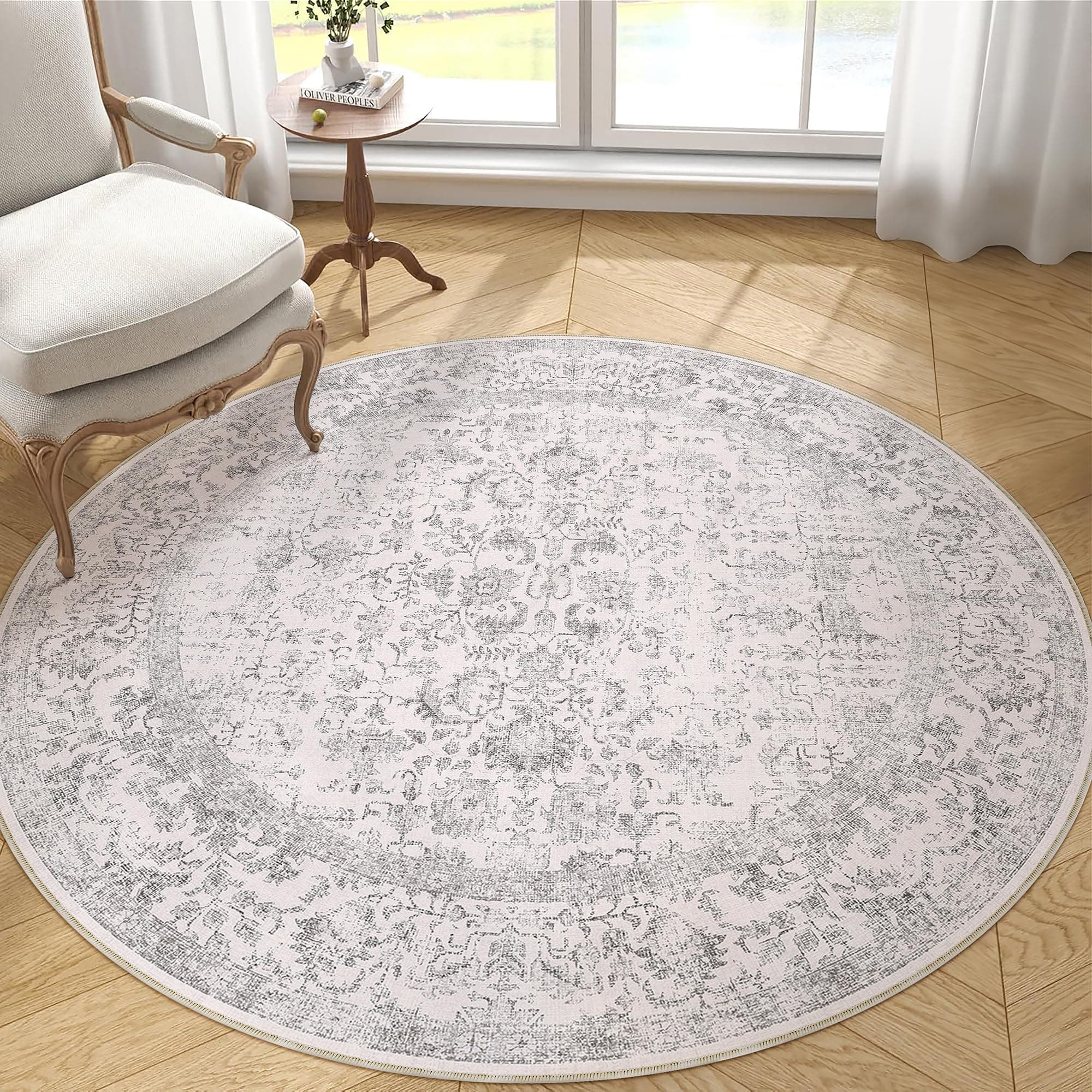 HUGEAR Tapis Rond 180cm Gris Salon Chambre Rug Lavable en Machine Tapis Chambre Adulte Doux Vintage Descente de Lit AntidéRapant Decoration Chambrel Mangerded