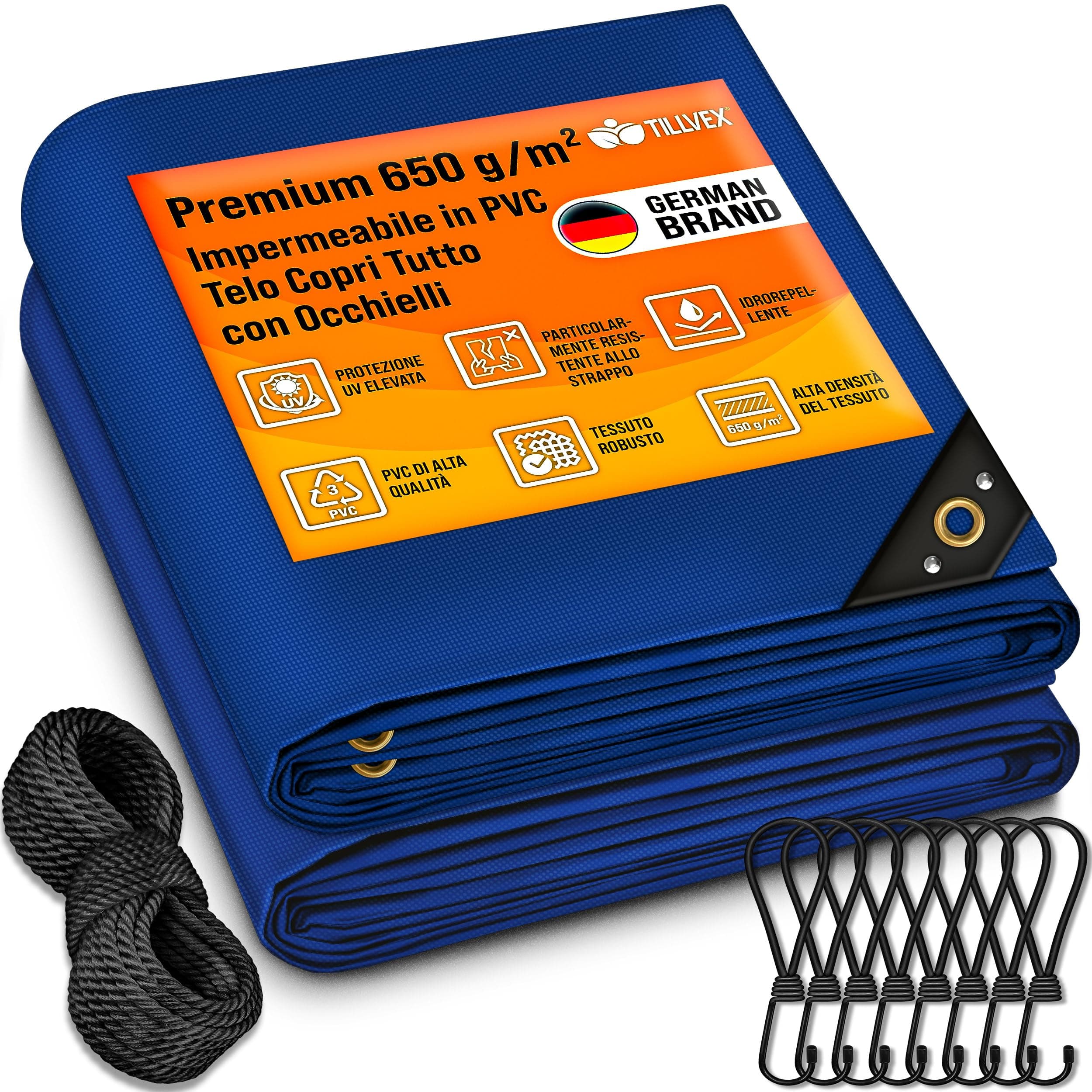 tillvex®, Telone di copertura con occhielli + 10 elastici e corda da 15 m, telo 650 g/m², impermeabile e antistrappo, telo in PVC di alta qualità, universale, per camion, piscina, mobili da giardino e