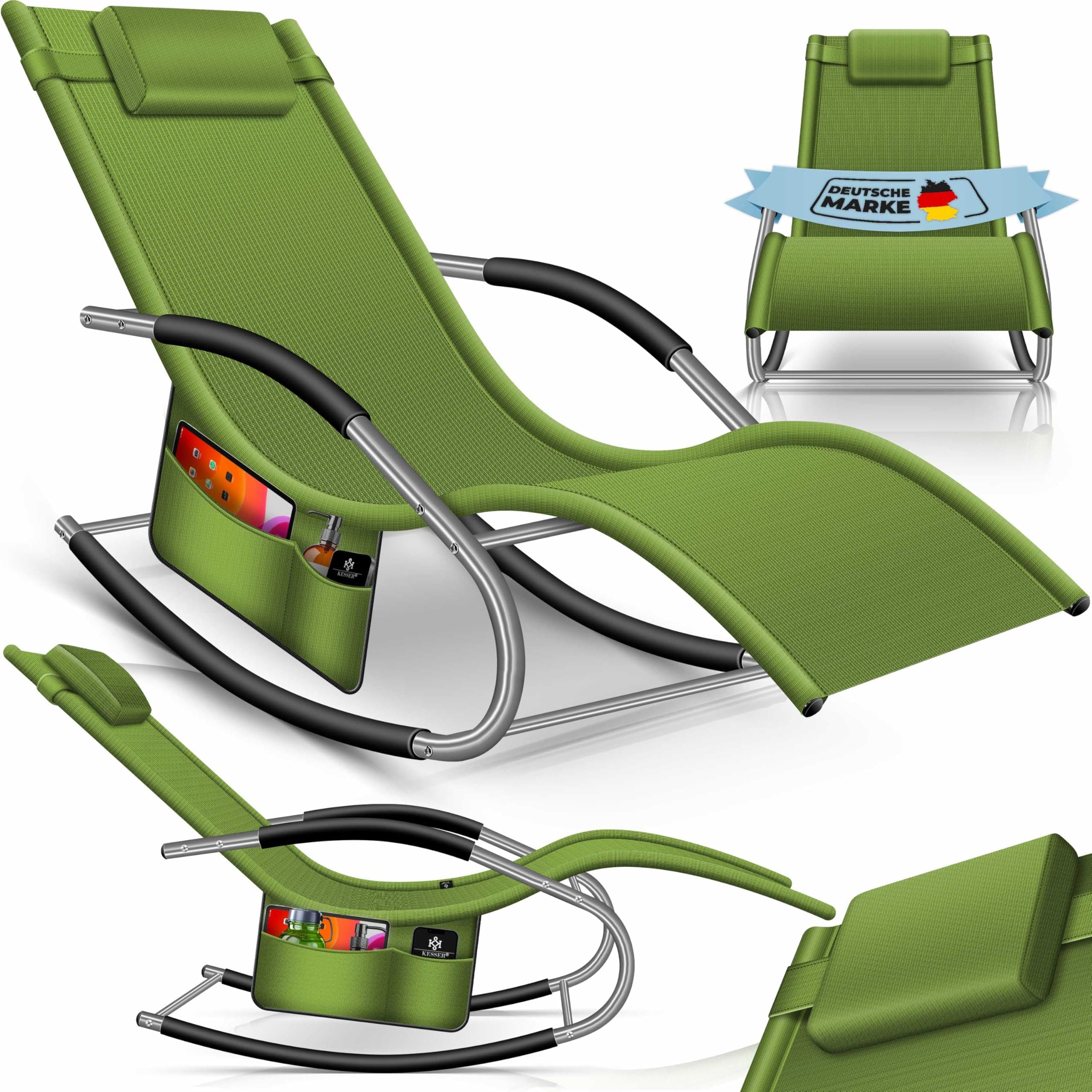 KESSER® Sonnenliege Relaxliege Schwungliege | Gartenliege | Gartenstuhl | Liegestuhl | Schaukelsessel | ergonomische Relaxsessel | Kopfkissen | wetterfest | 150 kg Belastung | Khaki