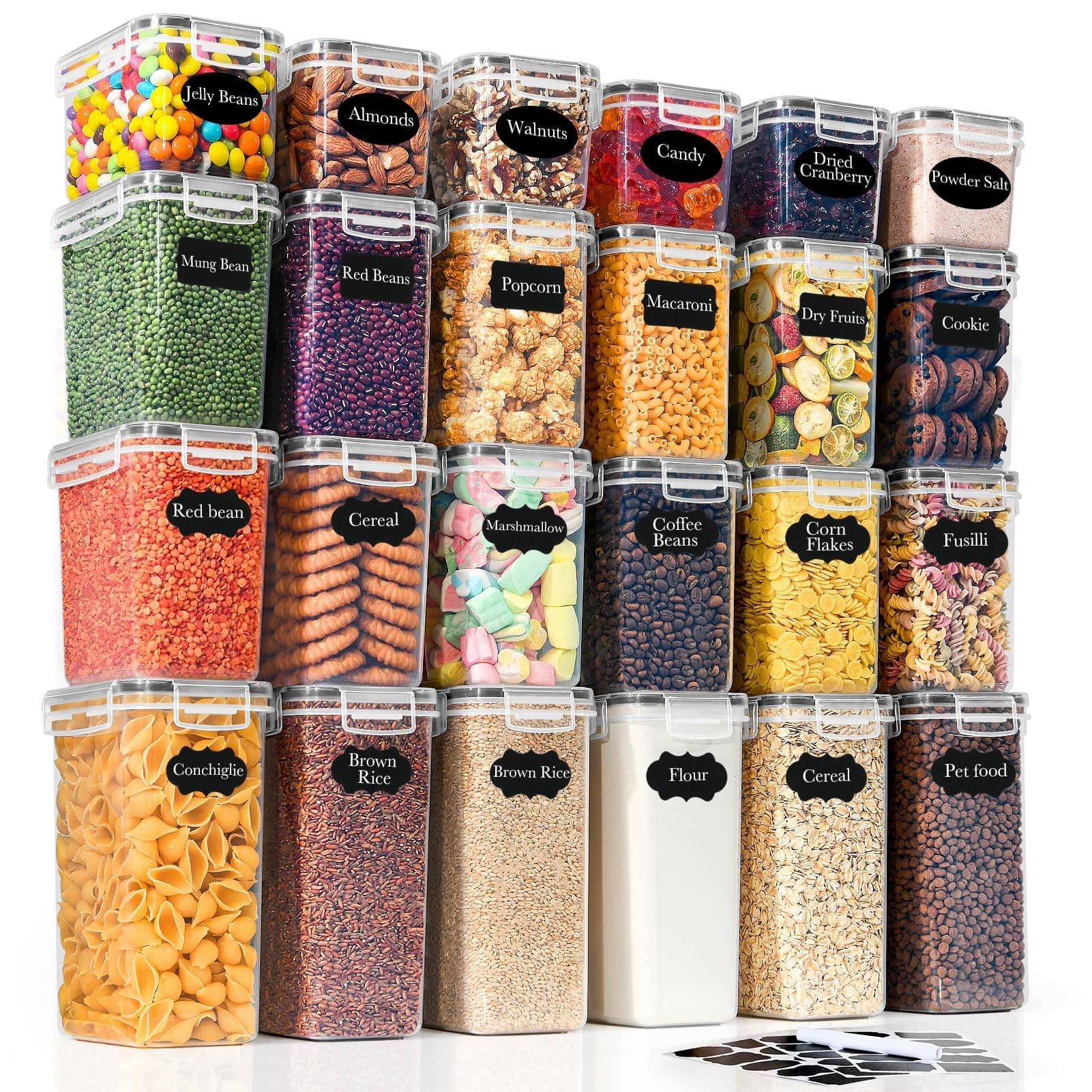 GoMaihe Set di 24 barattoli coperchio | Etichette e cartellini | Contenitori per la conservazione di corn flakes e zucchero | Senza BPA | Lavabili in lavastoviglie